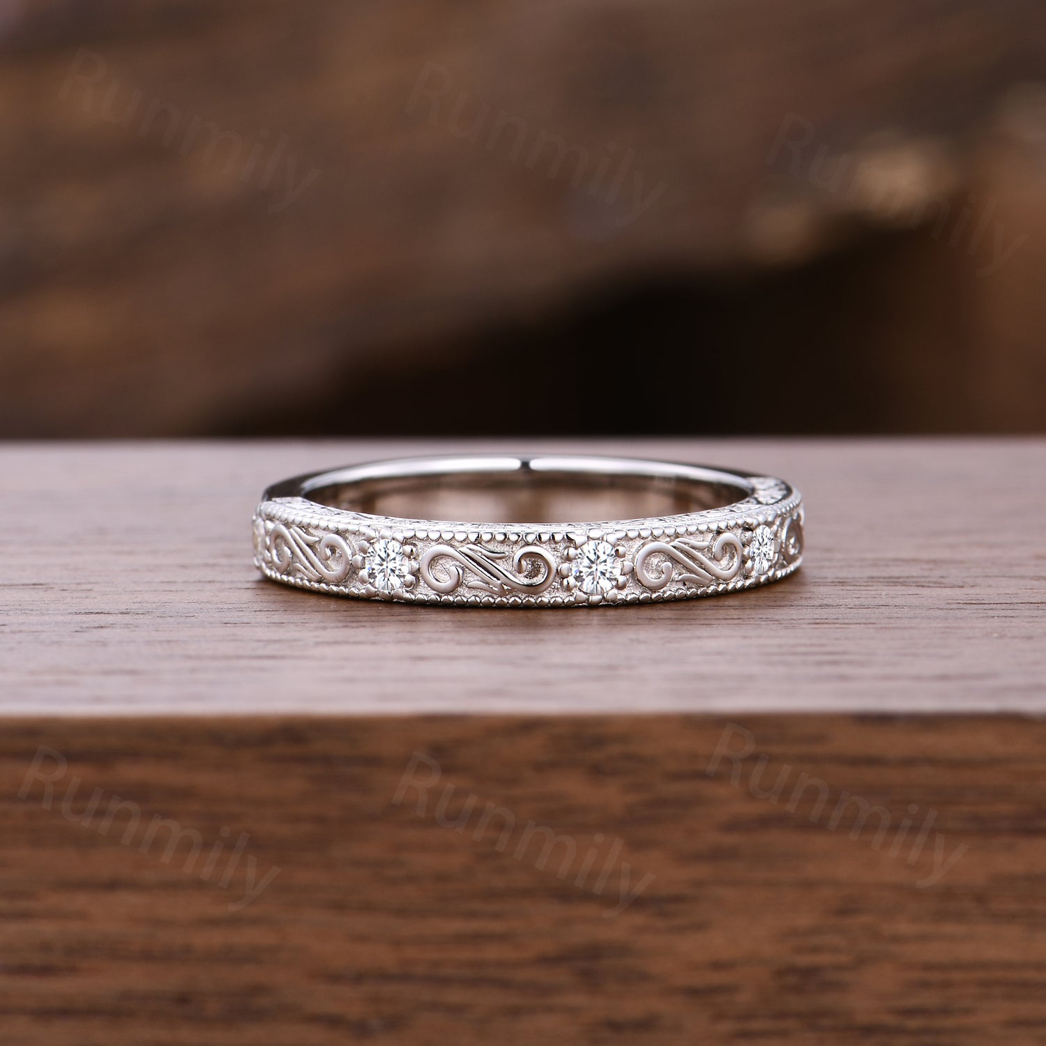 3mm Vintage Filigree Moissanite Wedding Band Unique Sterling Silver Stackable Ring Anniversary Art Deco 14K White Gold Wedding Band