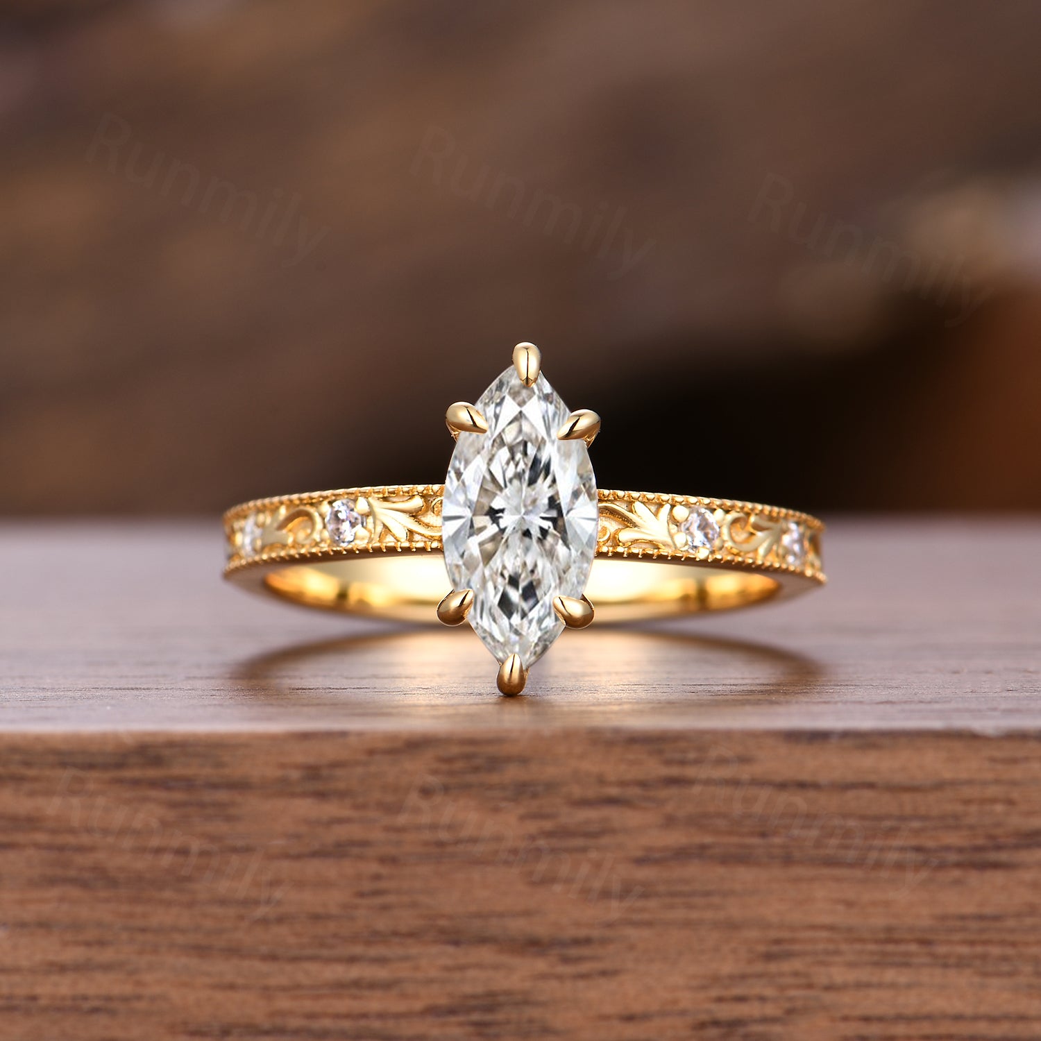Marquise Cut Moissanite Engagement Ring Set Yellow Gold Art Deco Filigree Diamond Ring For Women Antique Stackable Anniversary Ring
