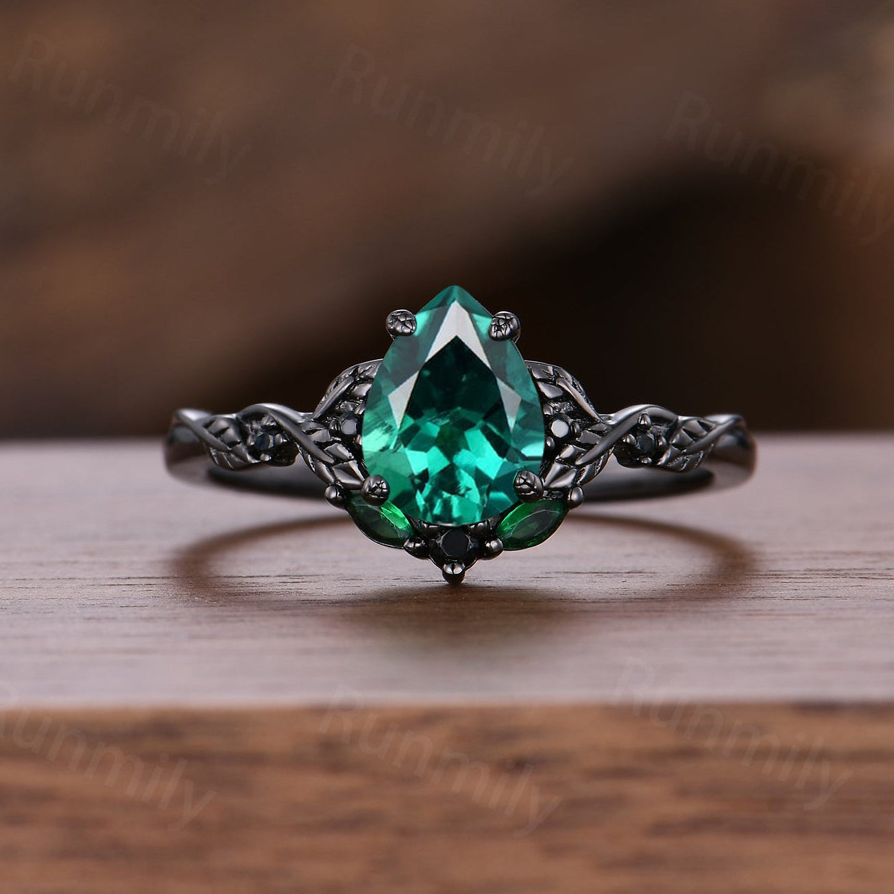 Vintage Pear Emerald Engagement Ring Branch Leaf Black Gold Promise Ring