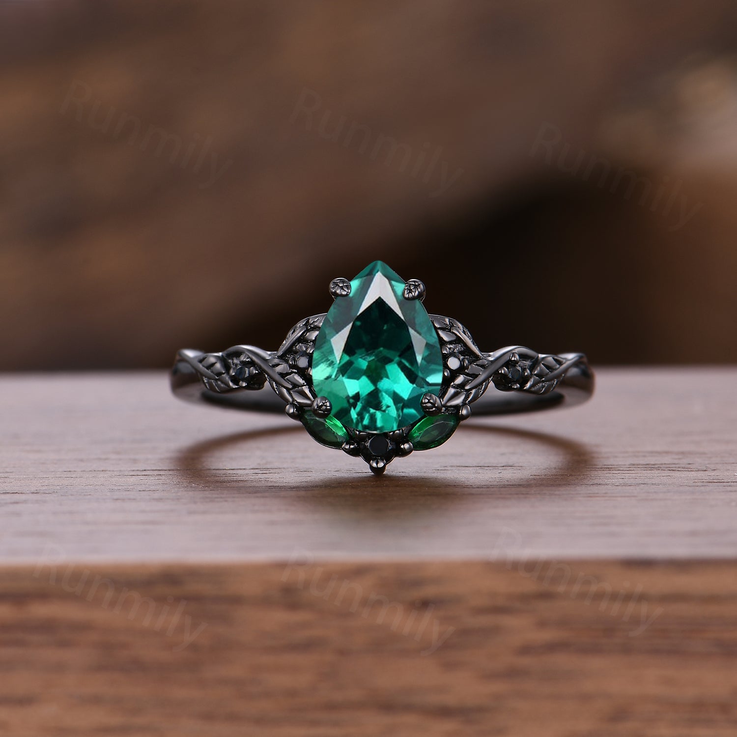 Vintage Pear Emerald Engagement Ring Branch Leaf Black Gold Promise Ring