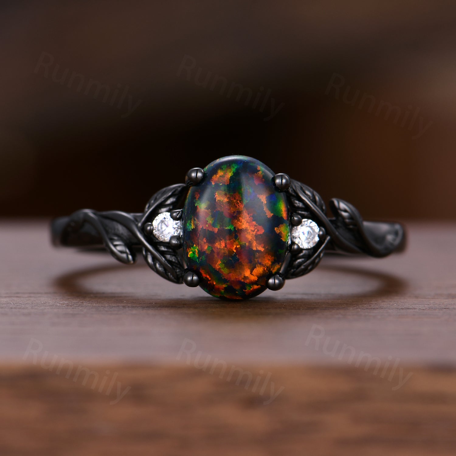 Vintage Black Fire Opal Engagement Ring Set Black Gold Twig Leaf Moissanite Band Nature Branch Ring Unique Art Deco Bridal Promise Ring Set