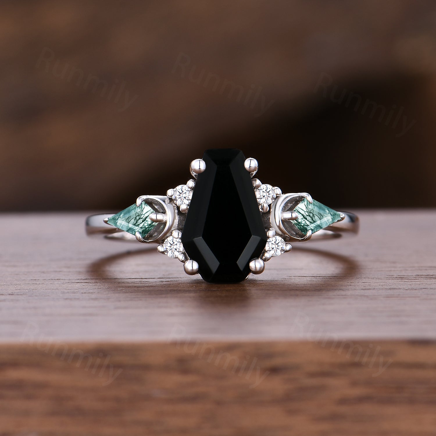 Unique Coffin Black Onyx Engagement Ring Cluster Kite Moss Agate Wedding Ring Sterling Silver Bridal Promise Ring