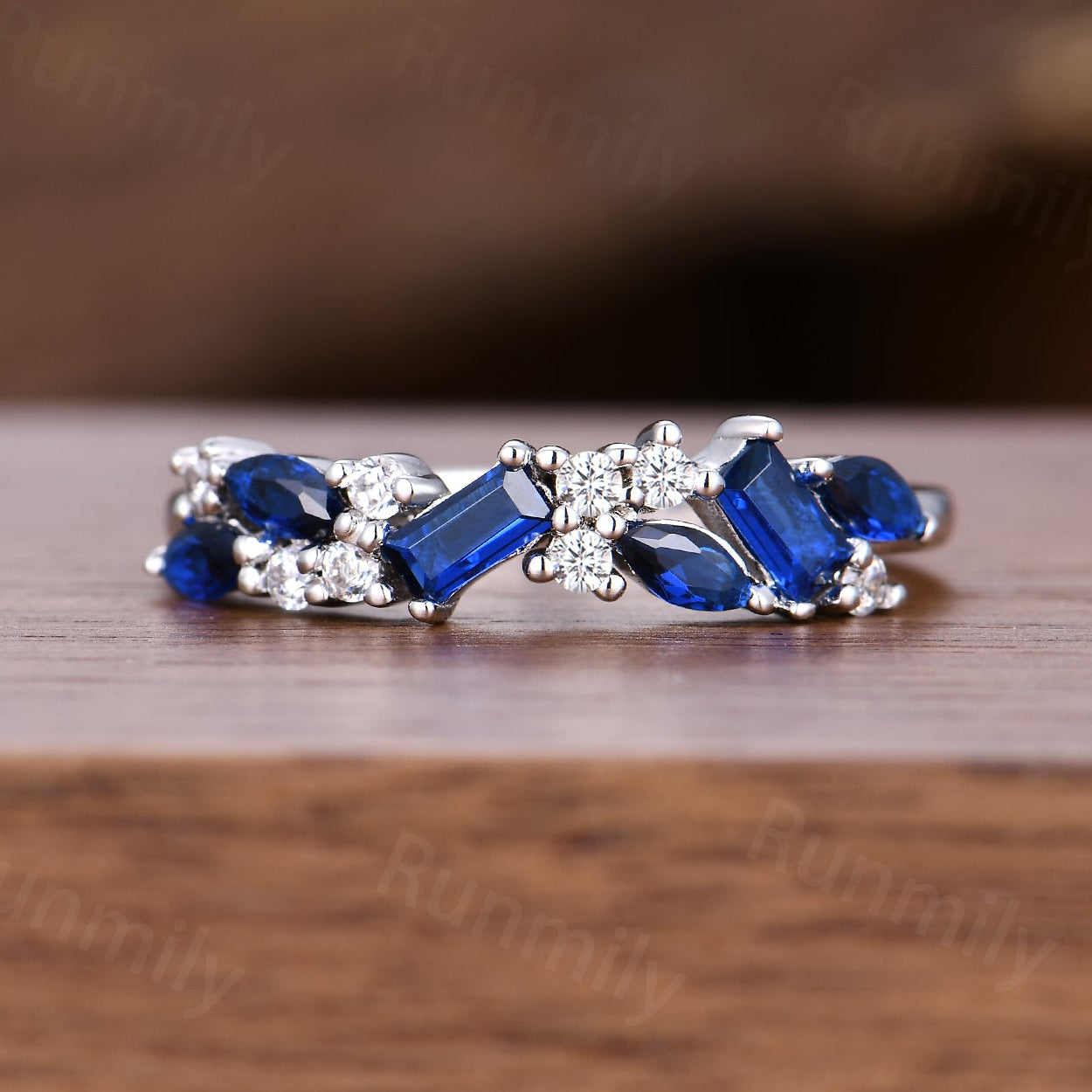 Art Deco Blue Sapphire Cluster Ring - Sterling Silver Half Eternity