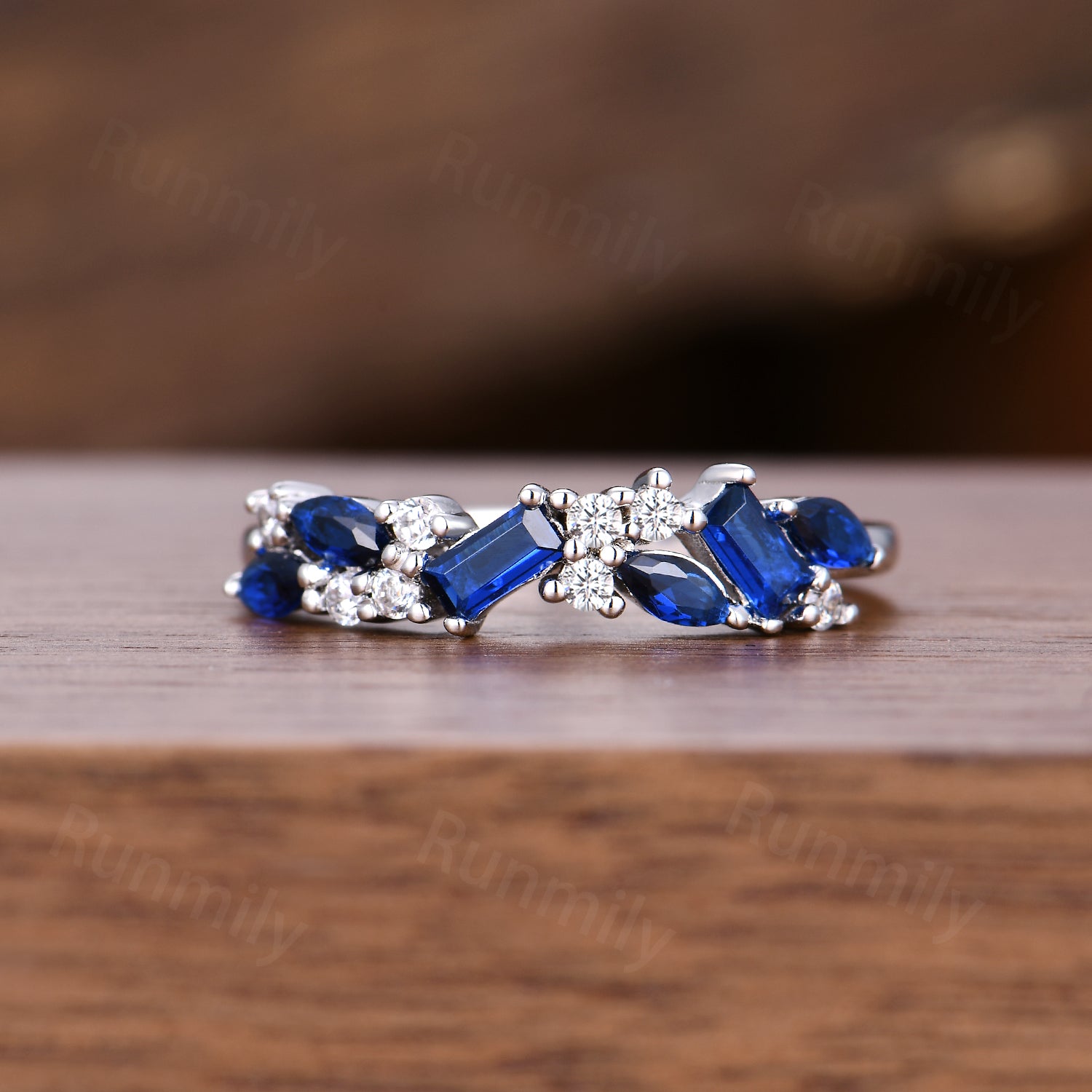 Art Deco Blue Sapphire Cluster Ring - Sterling Silver Half Eternity