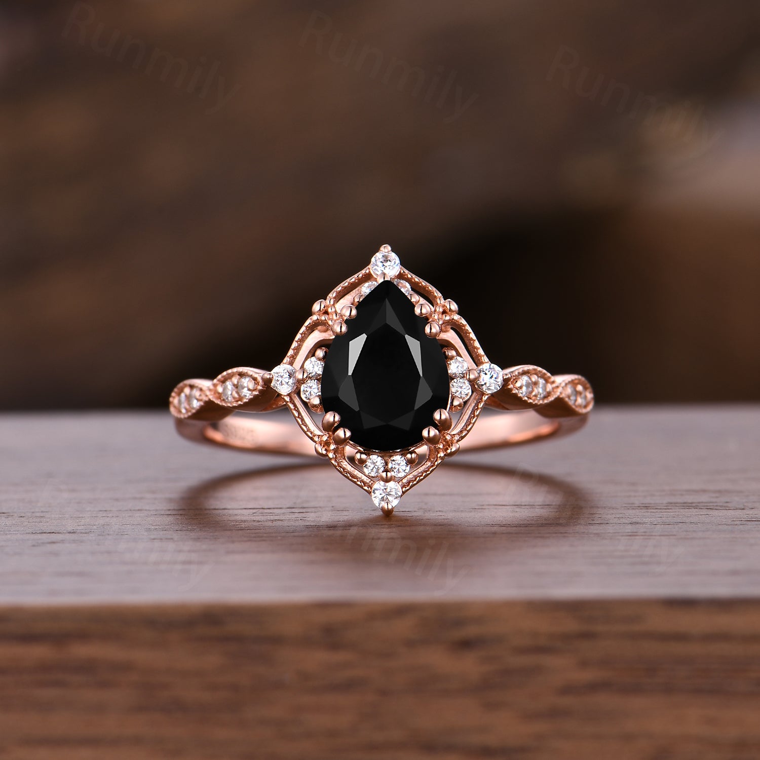 Vintage Art Deco Black Onyx Engagement Ring Set, Curved Moissanite Wedding Band