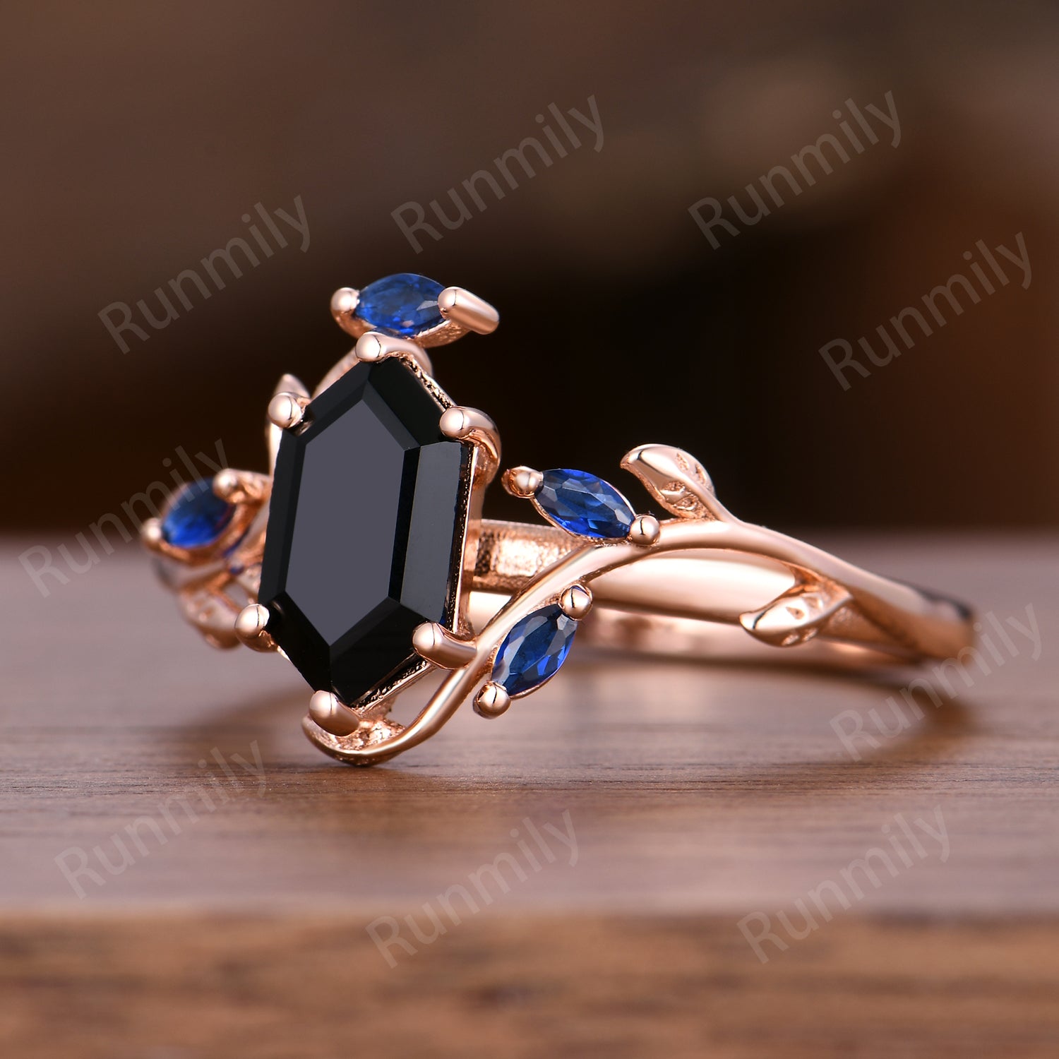 Black Onyx Sapphire Engagement Ring Hexagon Cut Branch Ring Rose Gold Wedding Band Black Stones Bridal Promise Rings