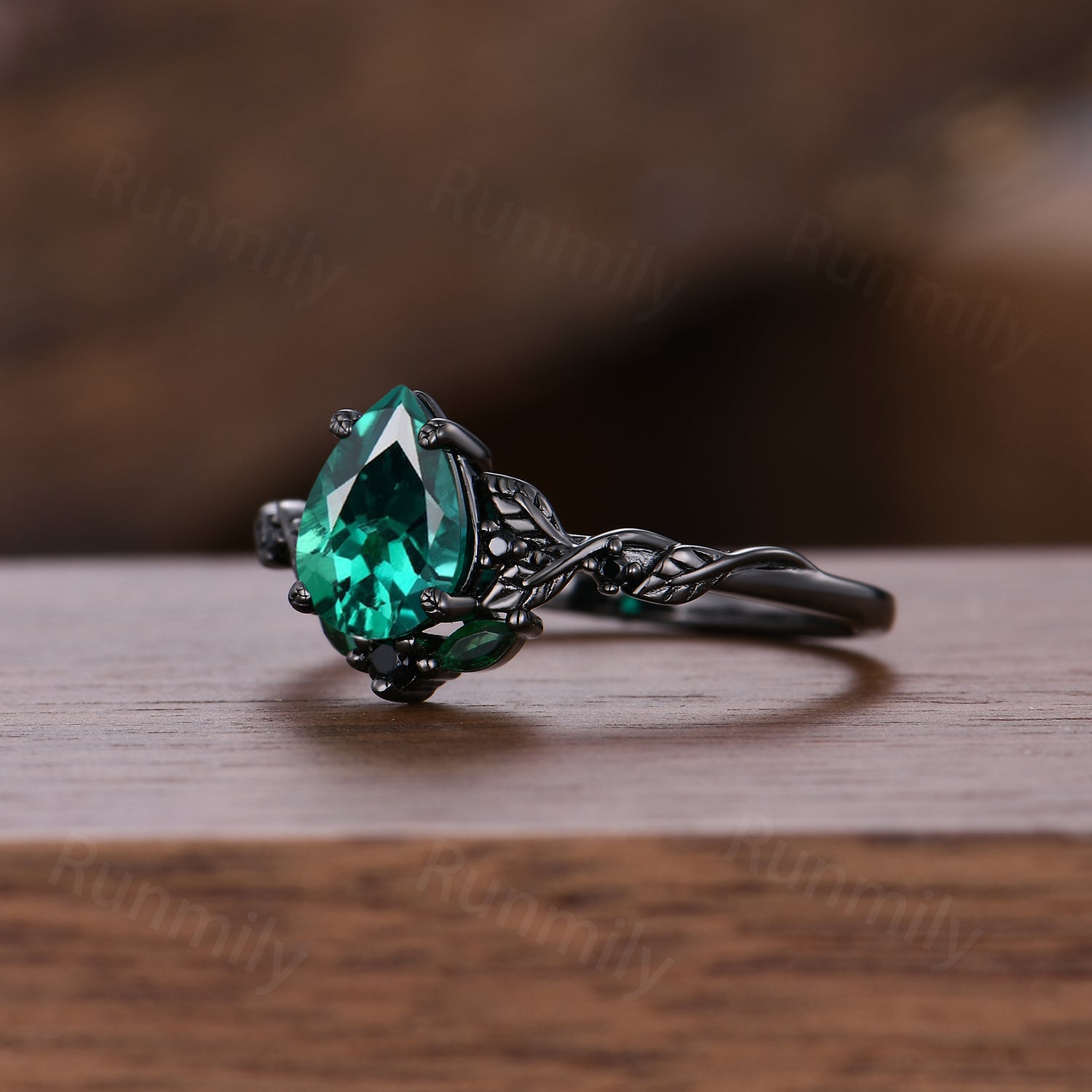 Vintage Pear Emerald Engagement Ring Branch Leaf Black Gold Promise Ring