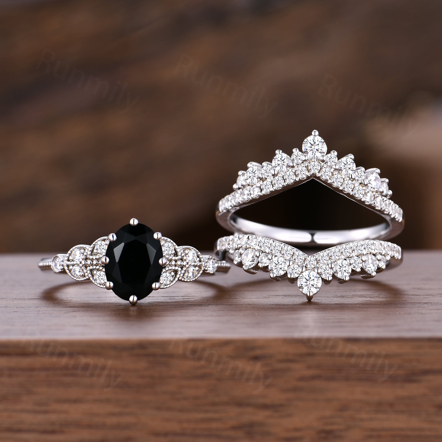 Vintage Black Onyx Engagement Ring Set Women White Gold Oval Cut Bridal Wedding Ring Double Curved Moissanite Enhancer Stacking Ring