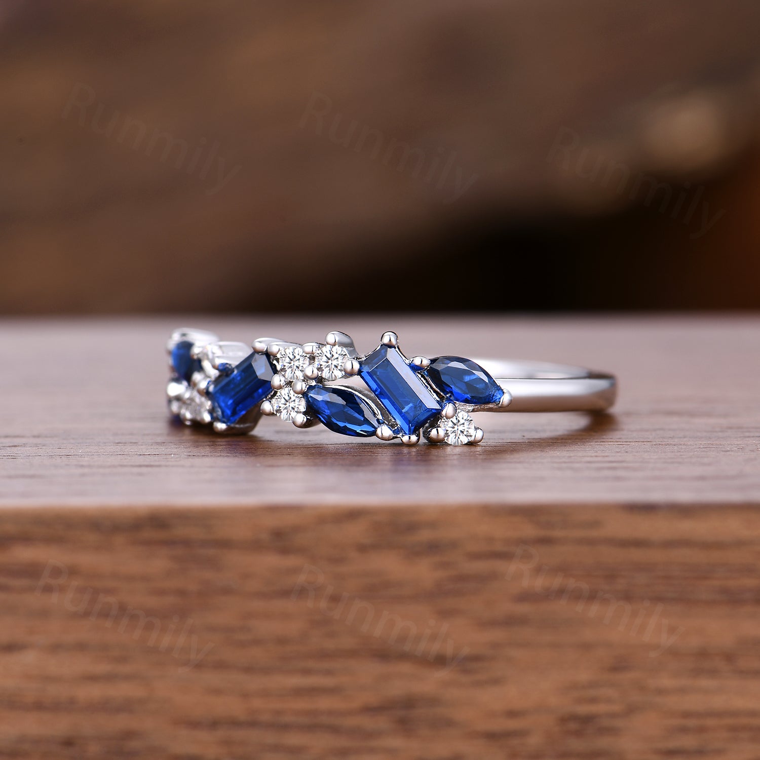 Art Deco Blue Sapphire Cluster Ring - Sterling Silver Half Eternity