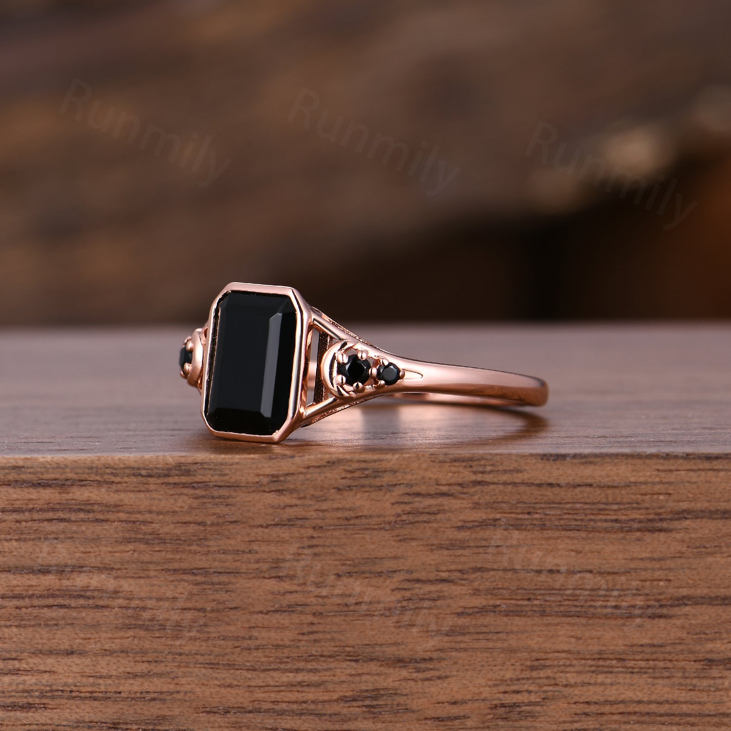 Emerald Cut Black Onyx Engagement Ring Vintage Unique Bezel Set Engagement Ring Moon Style Shank Ring Women Promise Ring Gift