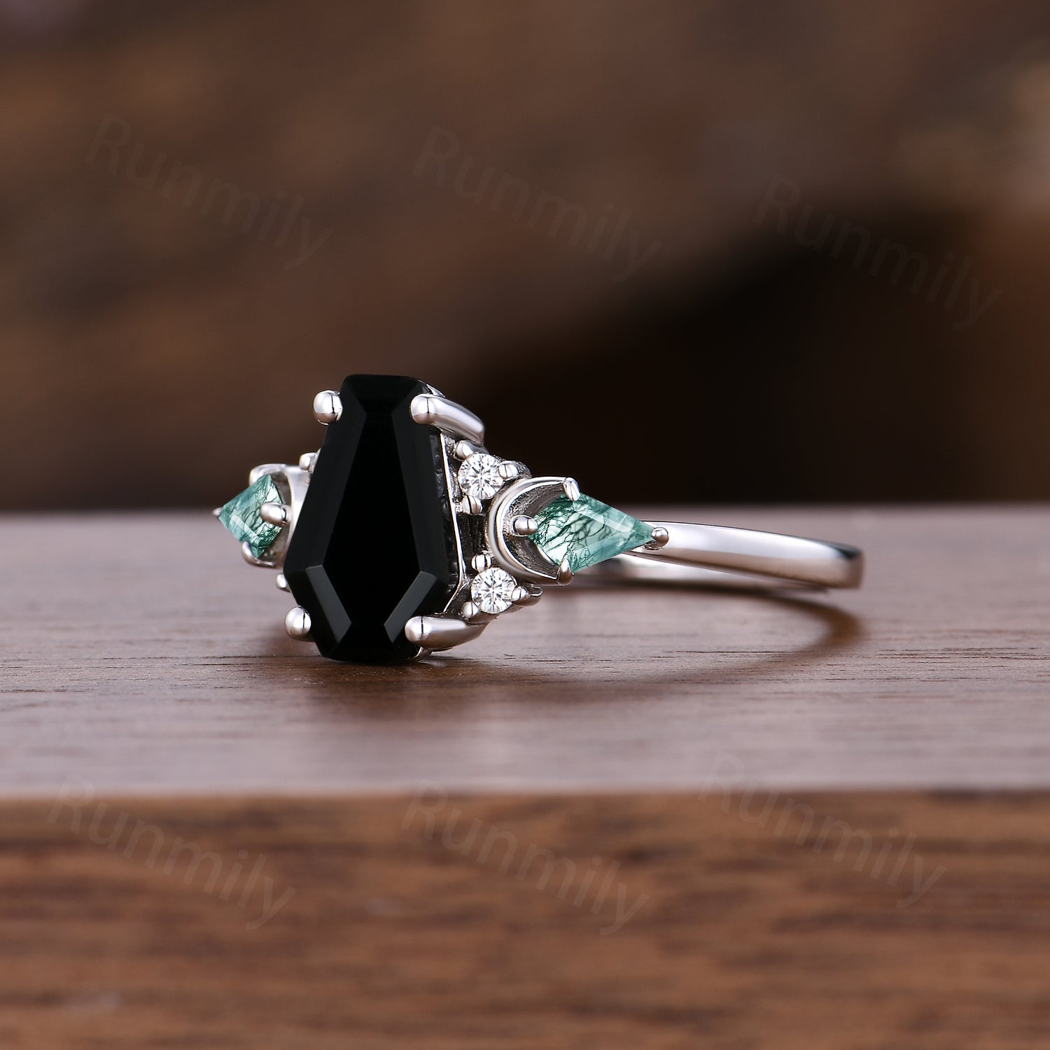 Unique Coffin Black Onyx Engagement Ring Cluster Kite Moss Agate Wedding Ring Sterling Silver Bridal Promise Ring