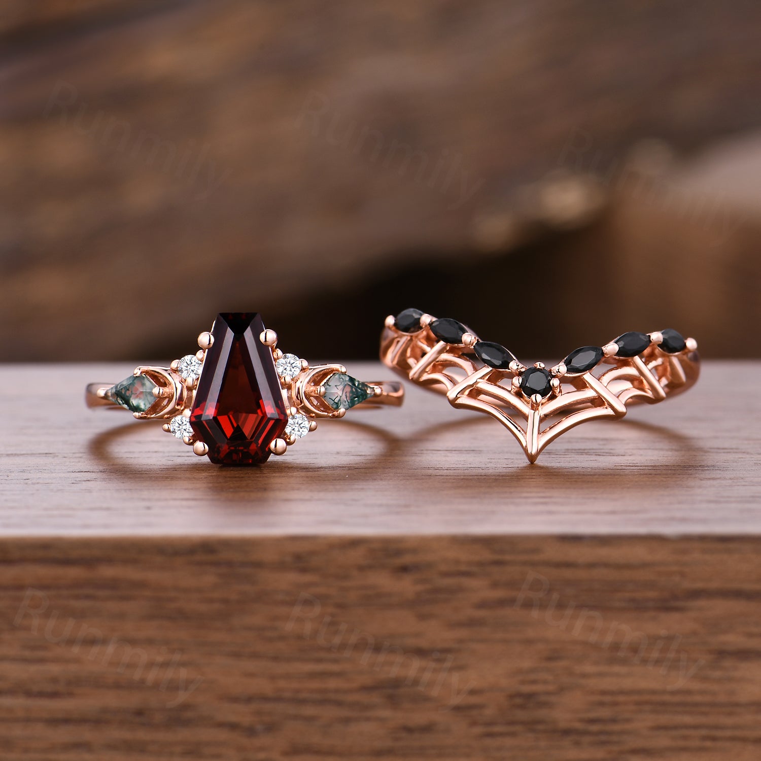 Spider Web Coffin Garnet Engagement Ring Set Gothic Black Spinel Wedding Ring Witchy Jewelry For Women Unique Promise Anniversary Ring