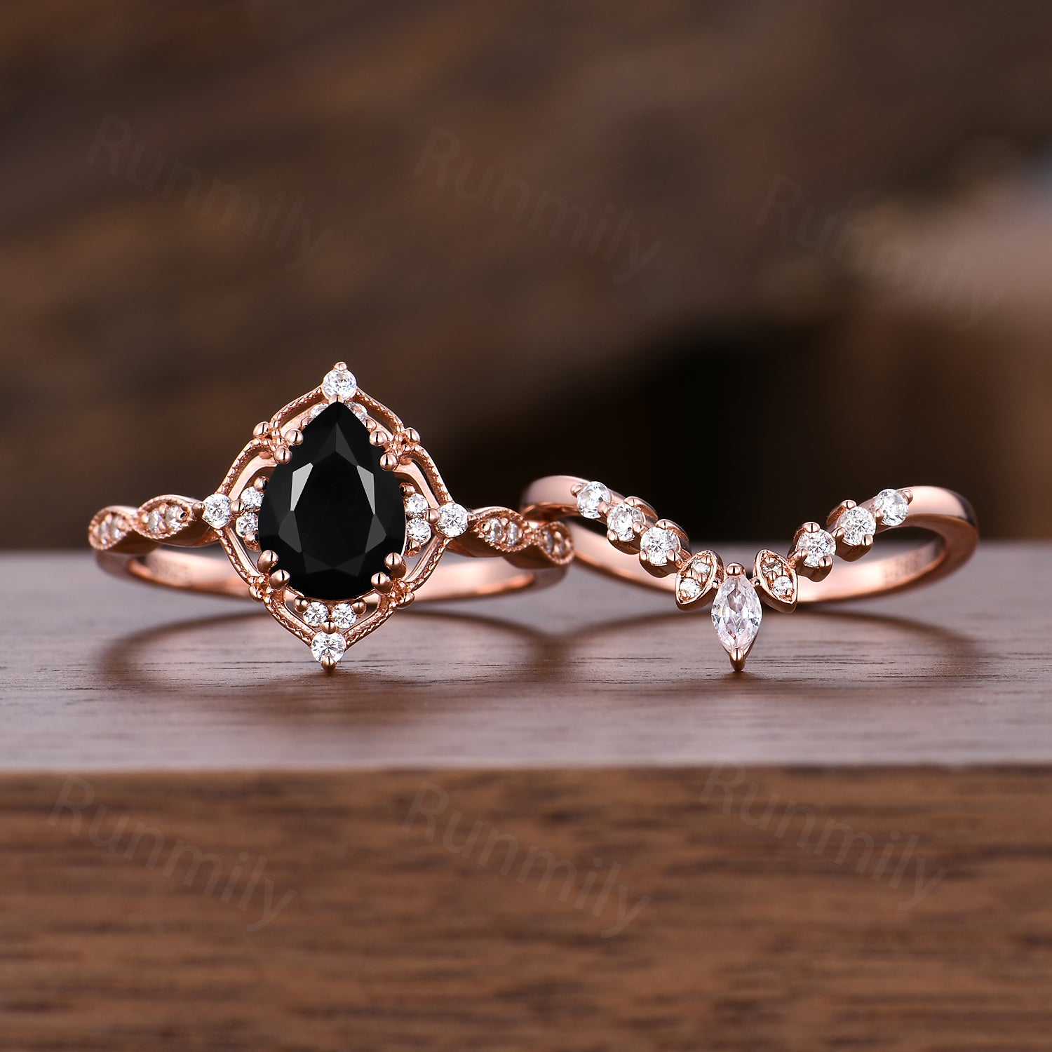Vintage Art Deco Black Onyx Engagement Ring Set, Curved Moissanite Wedding Band