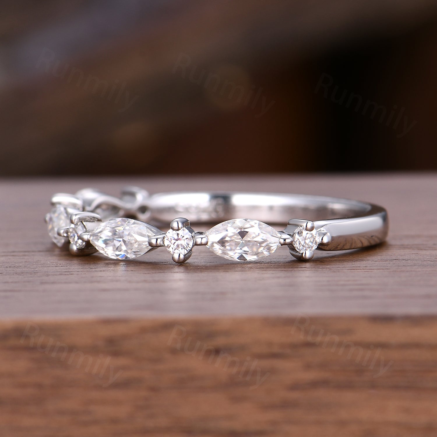 Moissanite Prong Set Wedding Band, Sterling Silver Half Eternity Band, Marquise Cut Moissanite Band, Stacking Band