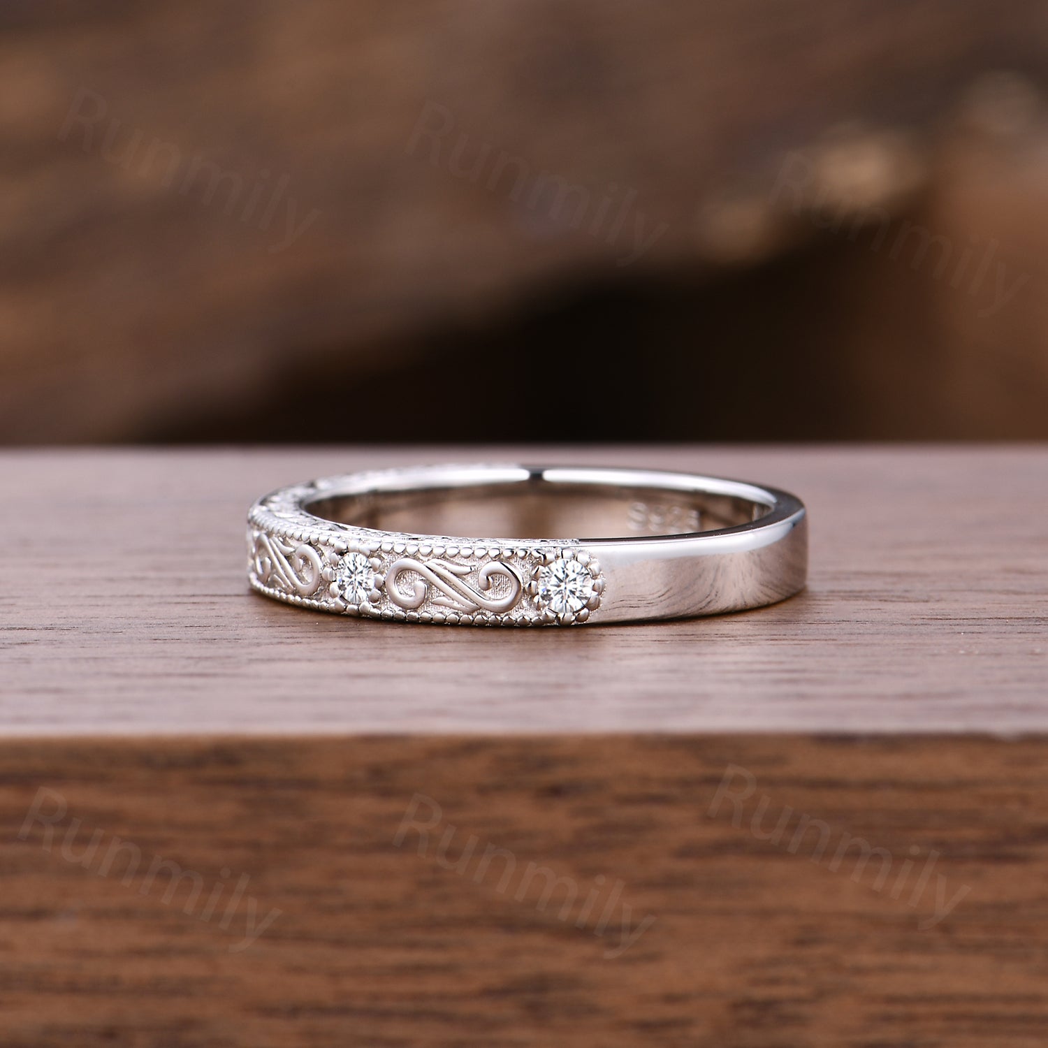 3mm Vintage Filigree Moissanite Wedding Band Unique Sterling Silver Stackable Ring Anniversary Art Deco 14K White Gold Wedding Band