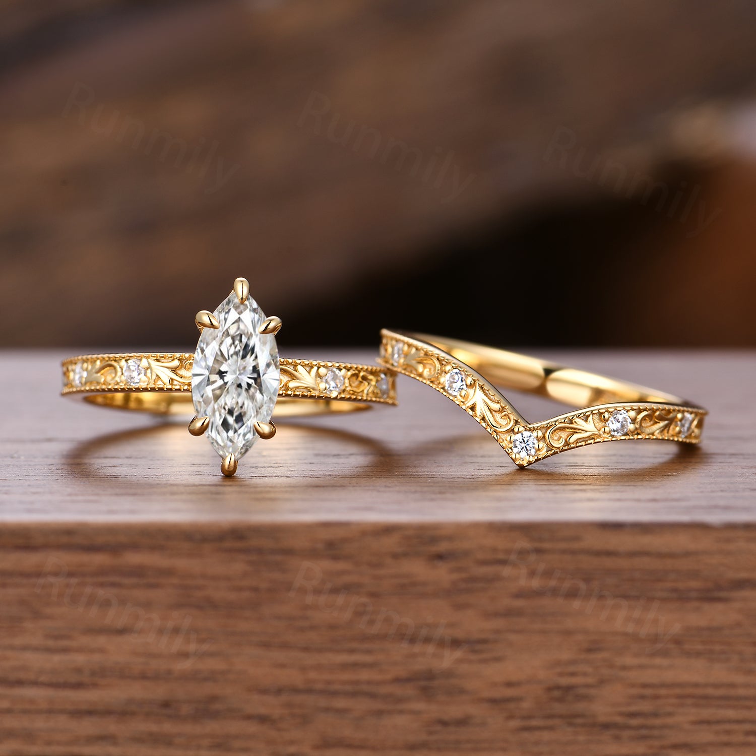 Marquise Cut Moissanite Engagement Ring Set Yellow Gold Art Deco Filigree Diamond Ring For Women Antique Stackable Anniversary Ring
