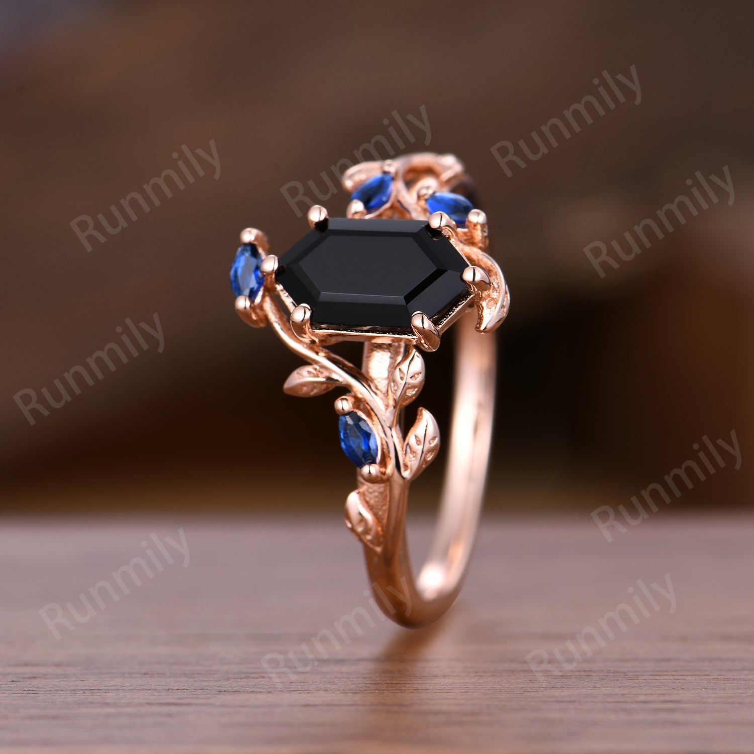 Black Onyx Sapphire Engagement Ring Hexagon Cut Branch Ring Rose Gold Wedding Band Black Stones Bridal Promise Rings