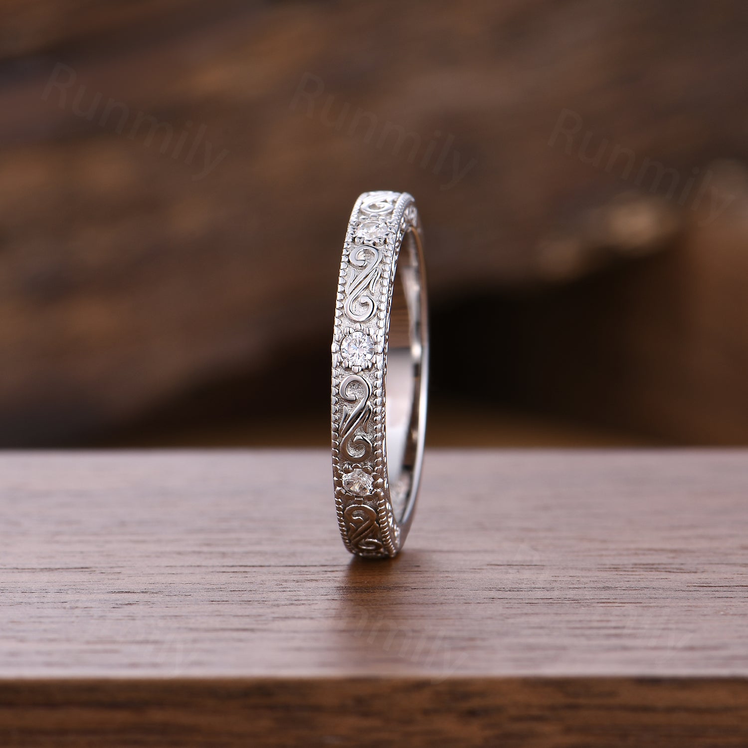 3mm Vintage Filigree Moissanite Wedding Band Unique Sterling Silver Stackable Ring Anniversary Art Deco 14K White Gold Wedding Band