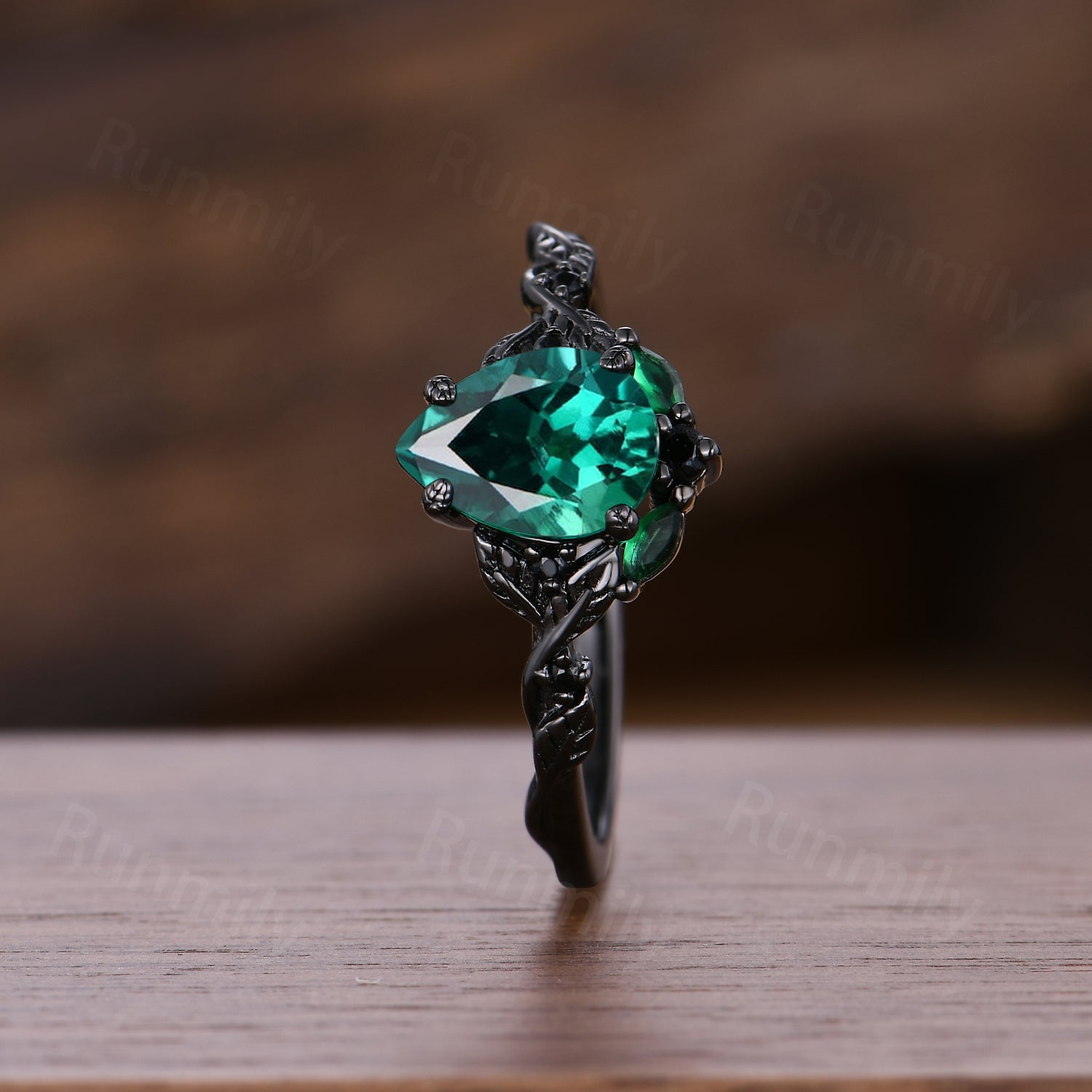 Vintage Pear Emerald Engagement Ring Branch Leaf Black Gold Promise Ring