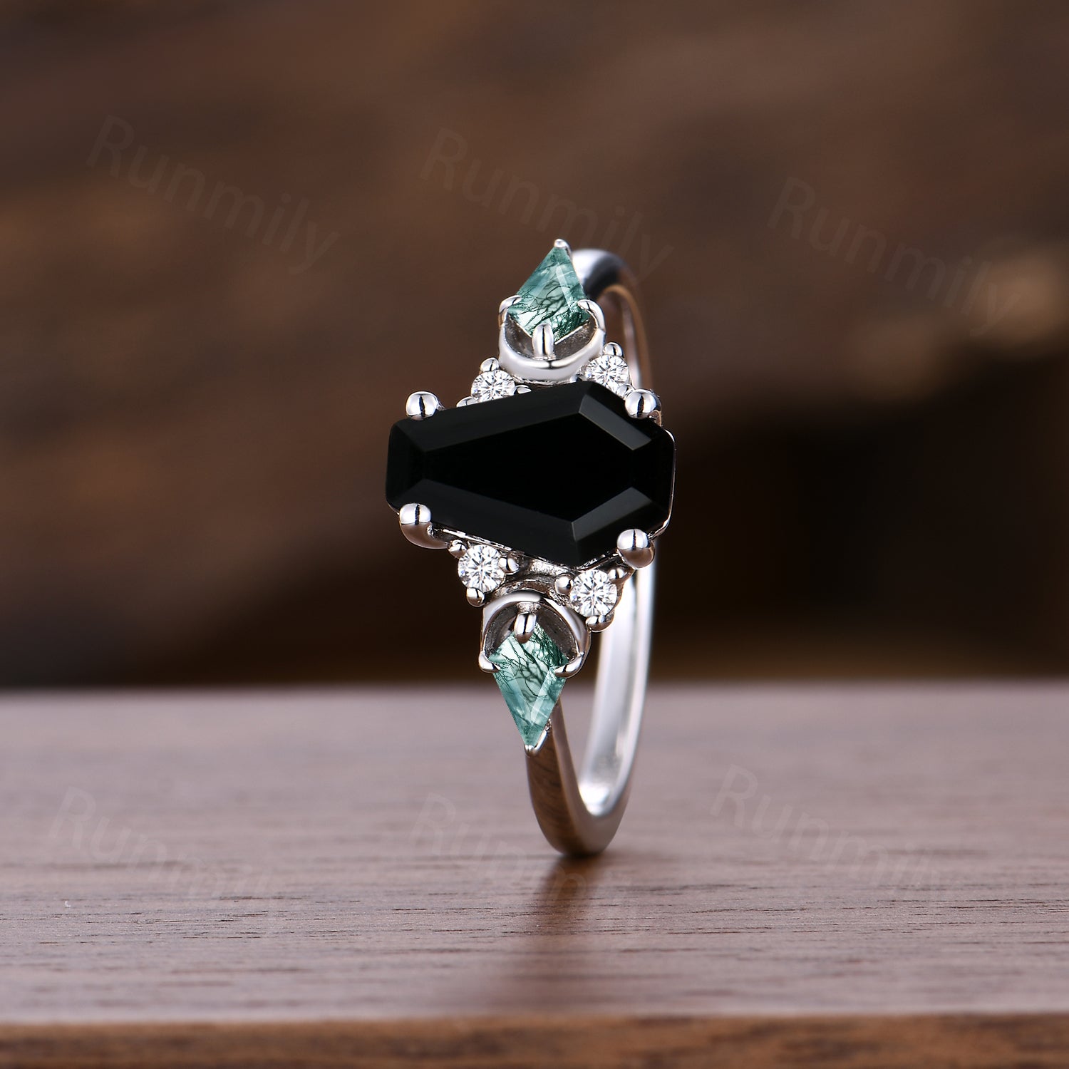 Unique Coffin Black Onyx Engagement Ring Cluster Kite Moss Agate Wedding Ring Sterling Silver Bridal Promise Ring