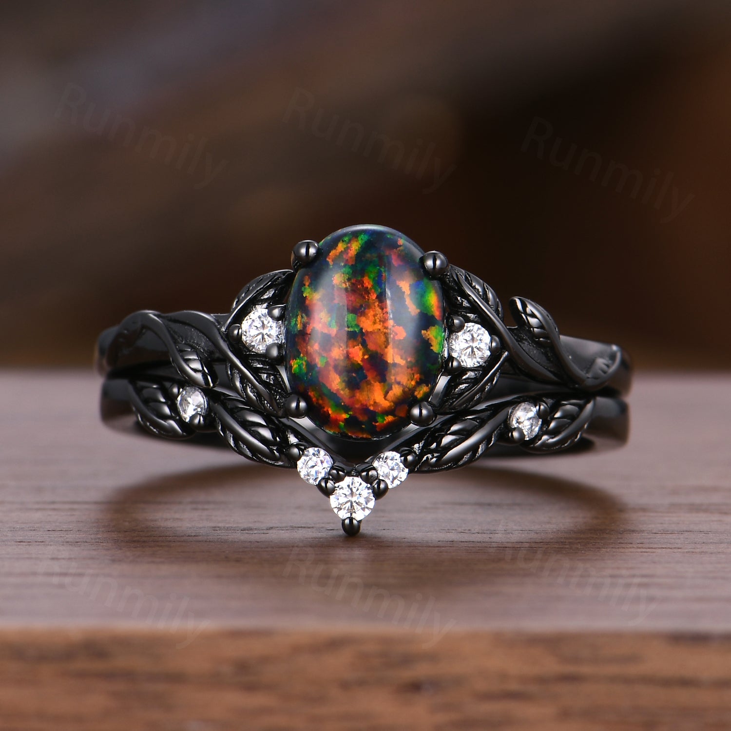 Vintage Black Fire Opal Engagement Ring Set Black Gold Twig Leaf Moissanite Band Nature Branch Ring Unique Art Deco Bridal Promise Ring Set