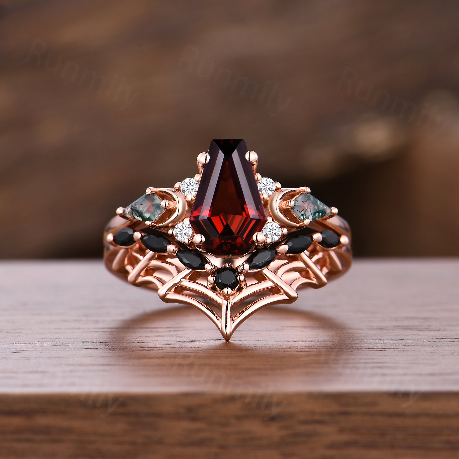 Spider Web Coffin Garnet Engagement Ring Set Gothic Black Spinel Wedding Ring Witchy Jewelry For Women Unique Promise Anniversary Ring