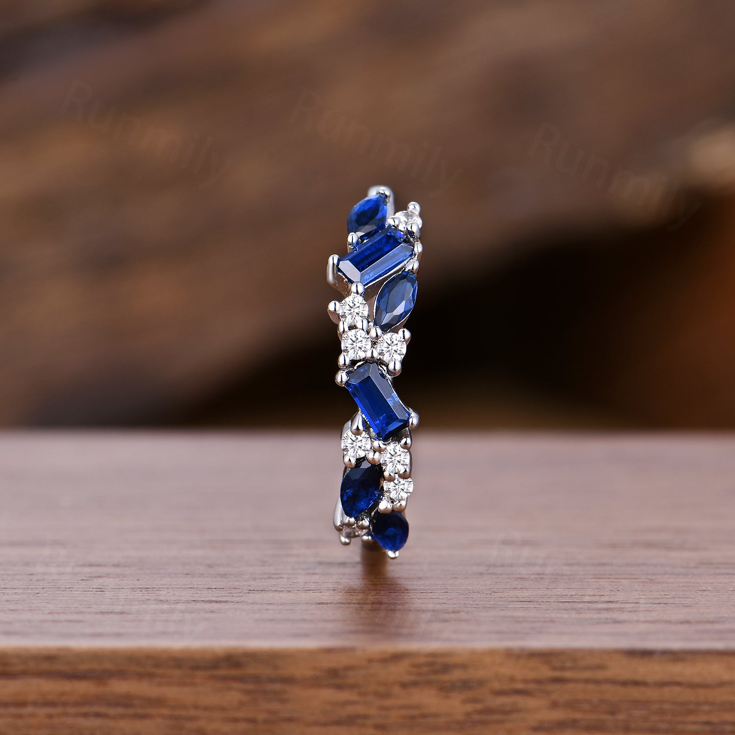 Art Deco Blue Sapphire Cluster Ring - Sterling Silver Half Eternity