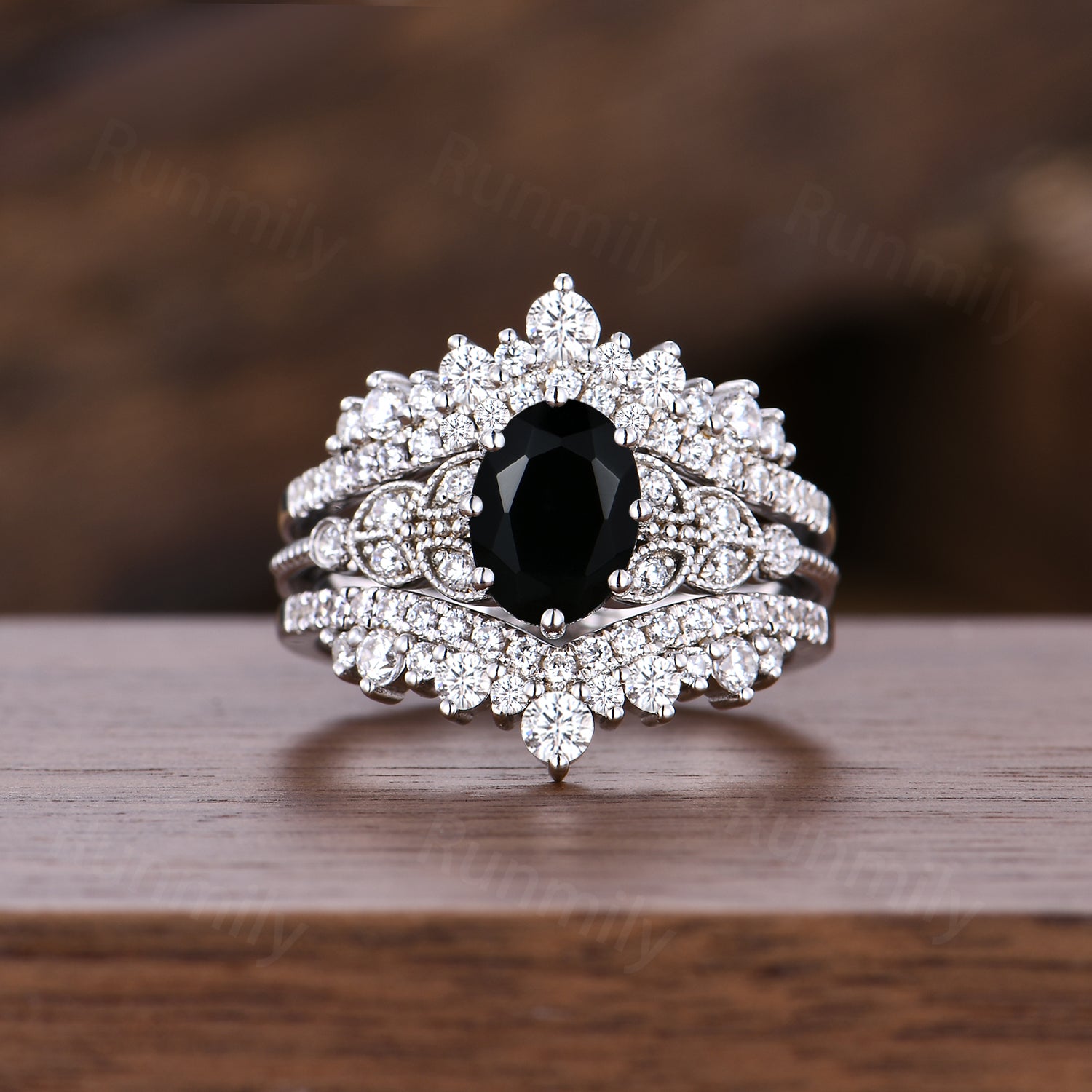 Vintage Black Onyx Engagement Ring Set Women White Gold Oval Cut Bridal Wedding Ring Double Curved Moissanite Enhancer Stacking Ring