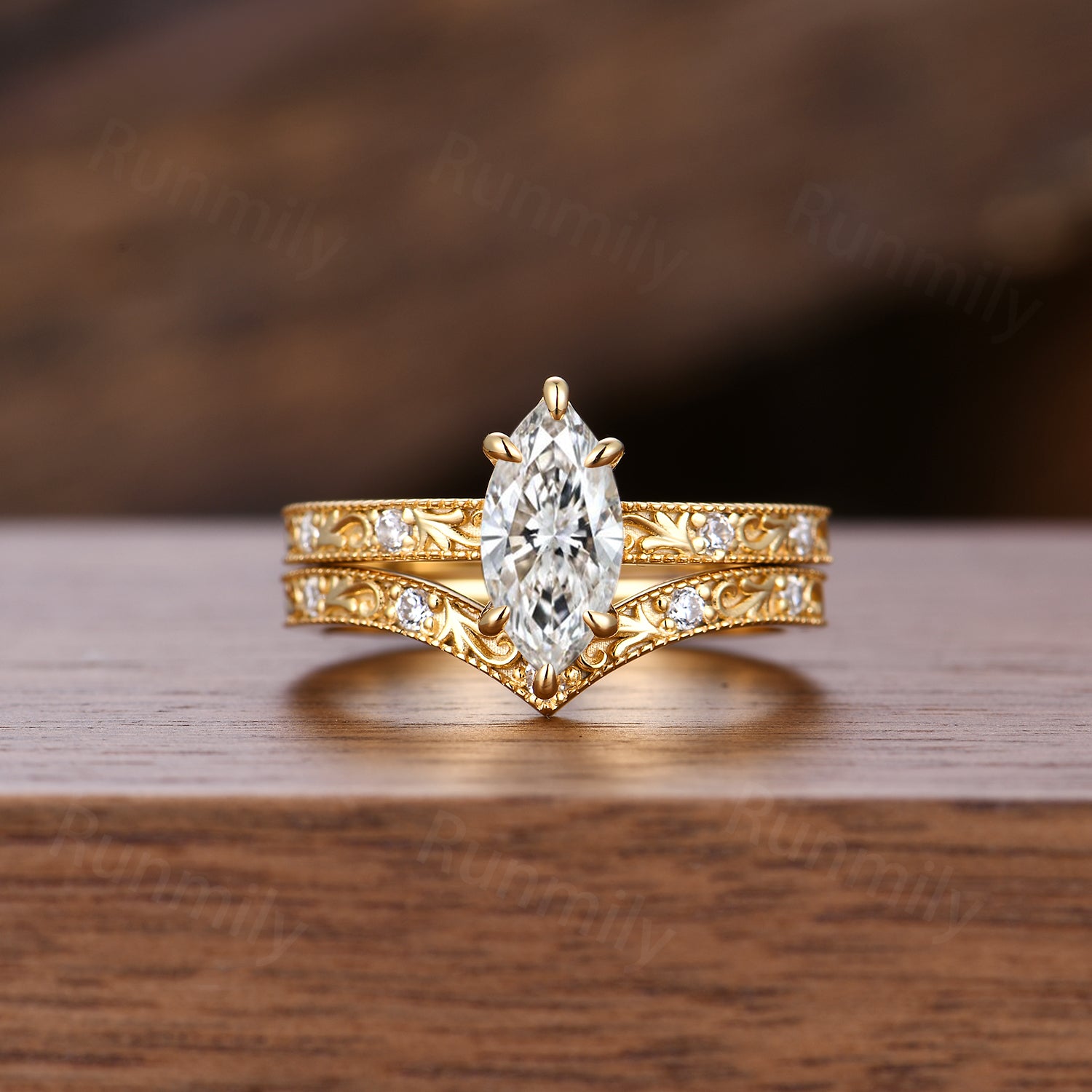 Marquise Cut Moissanite Engagement Ring Set Yellow Gold Art Deco Filigree Diamond Ring For Women Antique Stackable Anniversary Ring