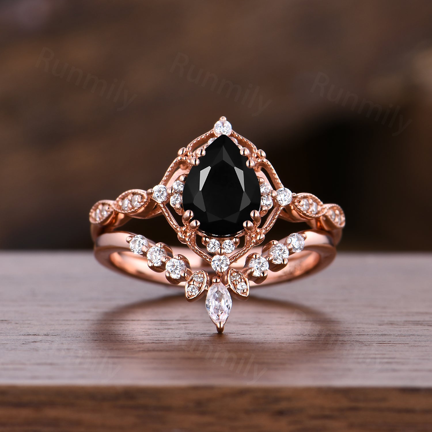Vintage Art Deco Black Onyx Engagement Ring Set, Curved Moissanite Wedding Band
