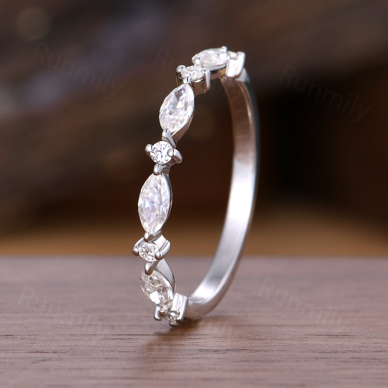 Moissanite Prong Set Wedding Band, Sterling Silver Half Eternity Band, Marquise Cut Moissanite Band, Stacking Band