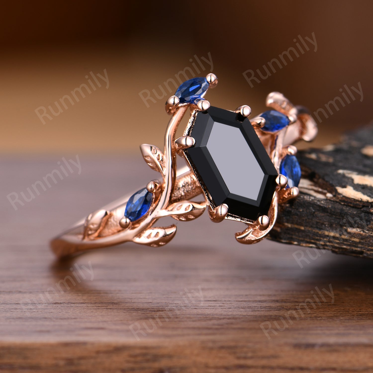 Black Onyx Sapphire Engagement Ring Hexagon Cut Branch Ring Rose Gold Wedding Band Black Stones Bridal Promise Rings