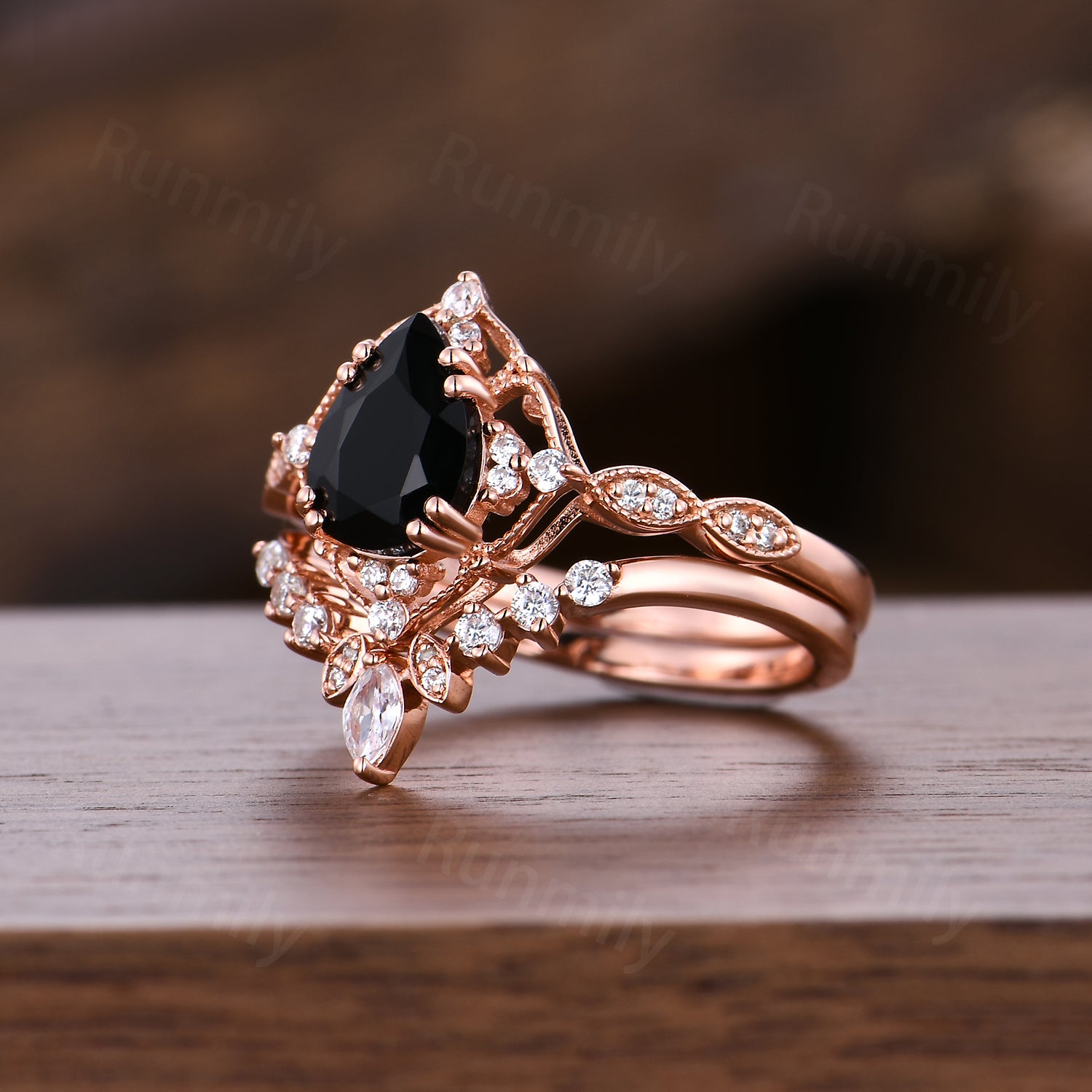 Vintage Art Deco Black Onyx Engagement Ring Set, Curved Moissanite Wedding Band