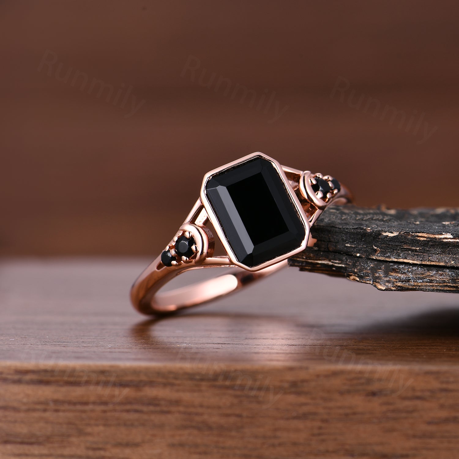 Emerald Cut Black Onyx Engagement Ring Vintage Unique Bezel Set Engagement Ring Moon Style Shank Ring Women Promise Ring Gift