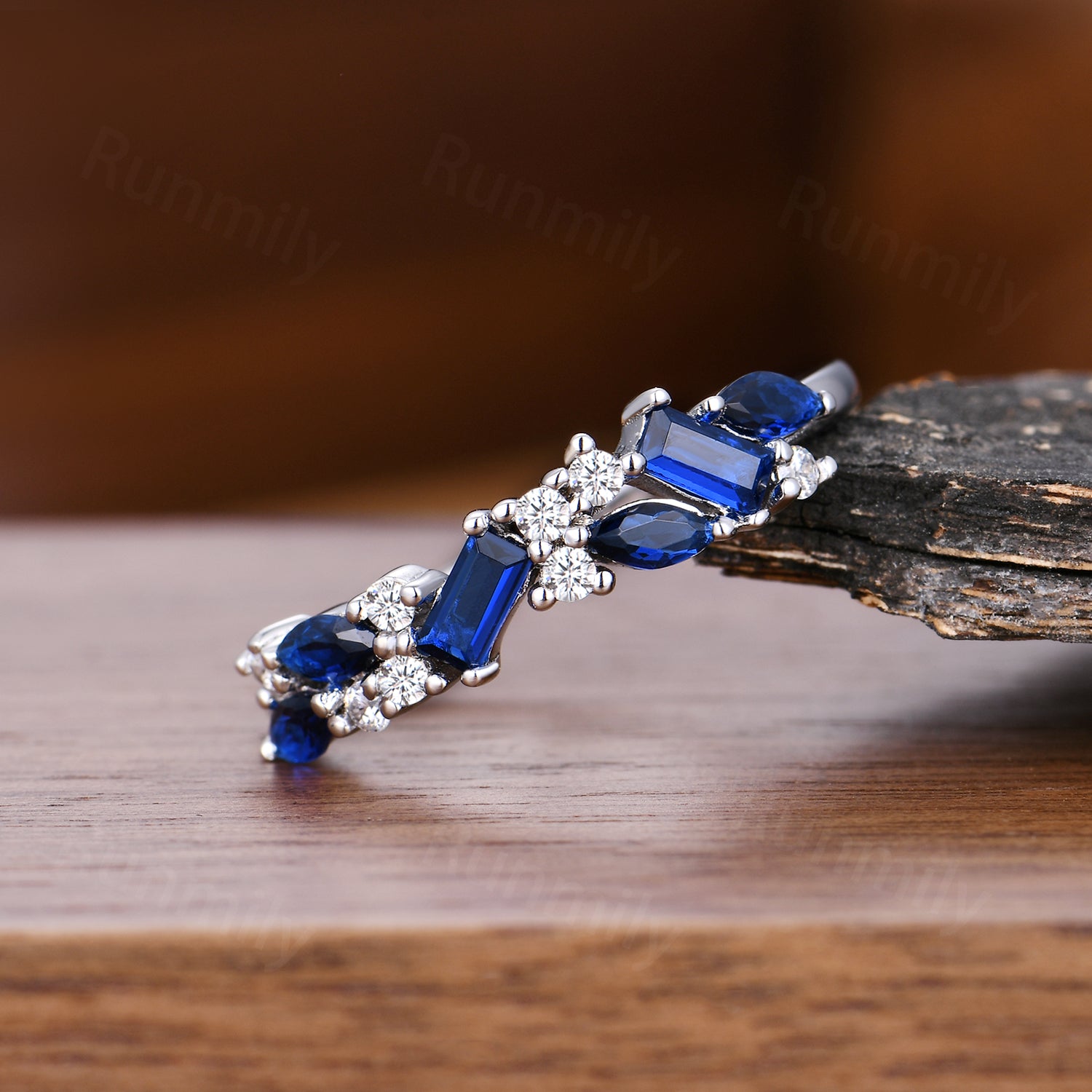 Art Deco Blue Sapphire Cluster Ring - Sterling Silver Half Eternity