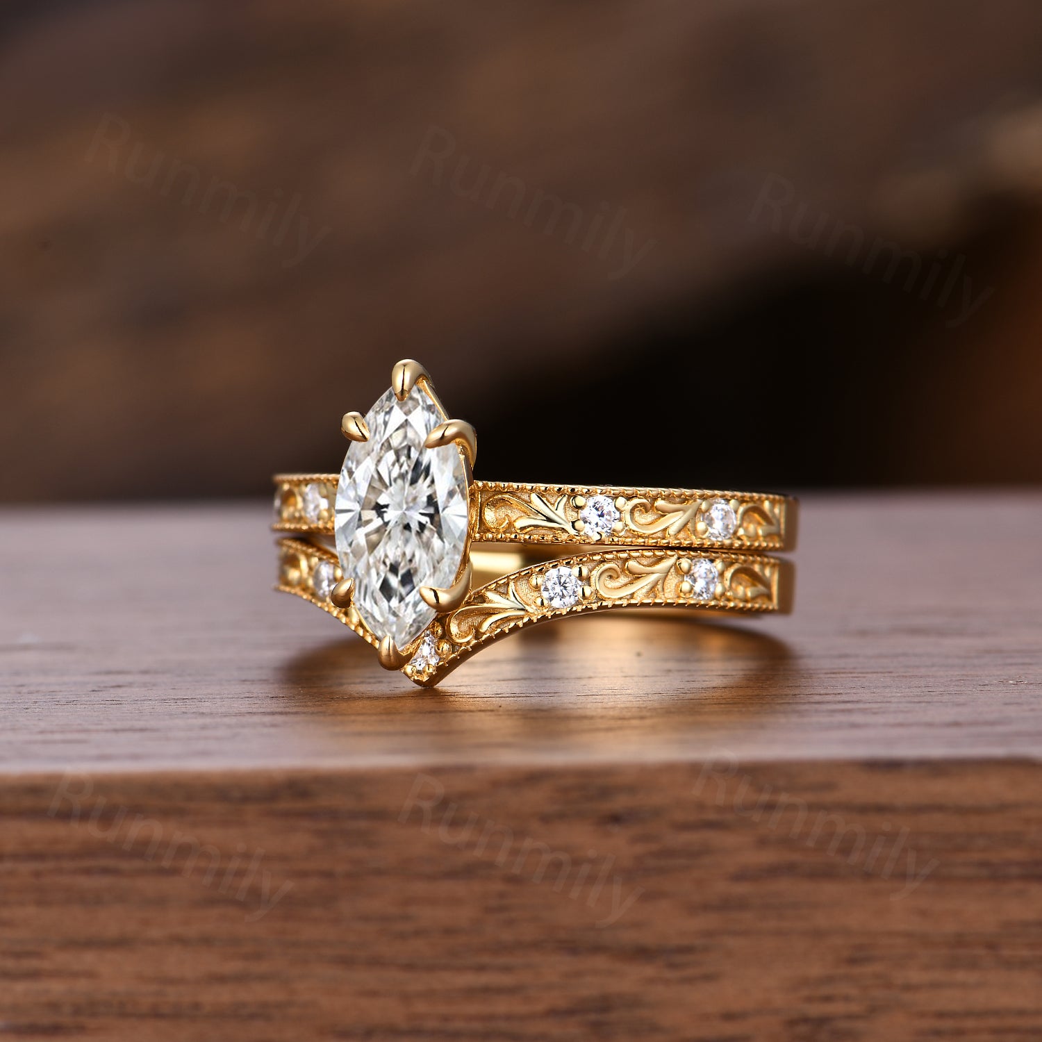 Marquise Cut Moissanite Engagement Ring Set Yellow Gold Art Deco Filigree Diamond Ring For Women Antique Stackable Anniversary Ring
