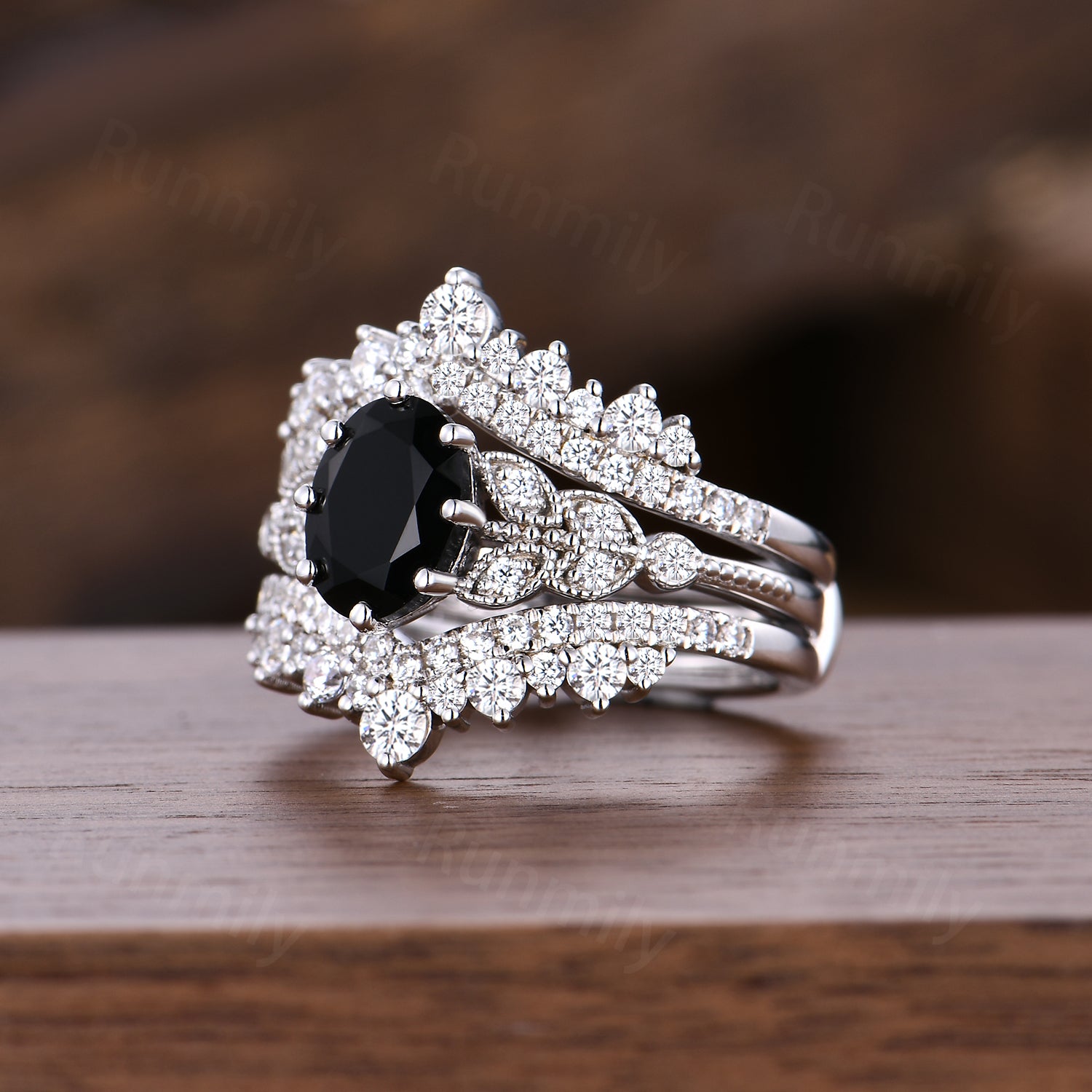 Vintage Black Onyx Engagement Ring Set Women White Gold Oval Cut Bridal Wedding Ring Double Curved Moissanite Enhancer Stacking Ring