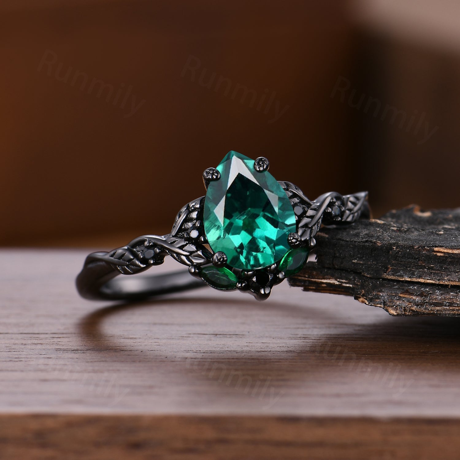 Vintage Pear Emerald Engagement Ring Branch Leaf Black Gold Promise Ring