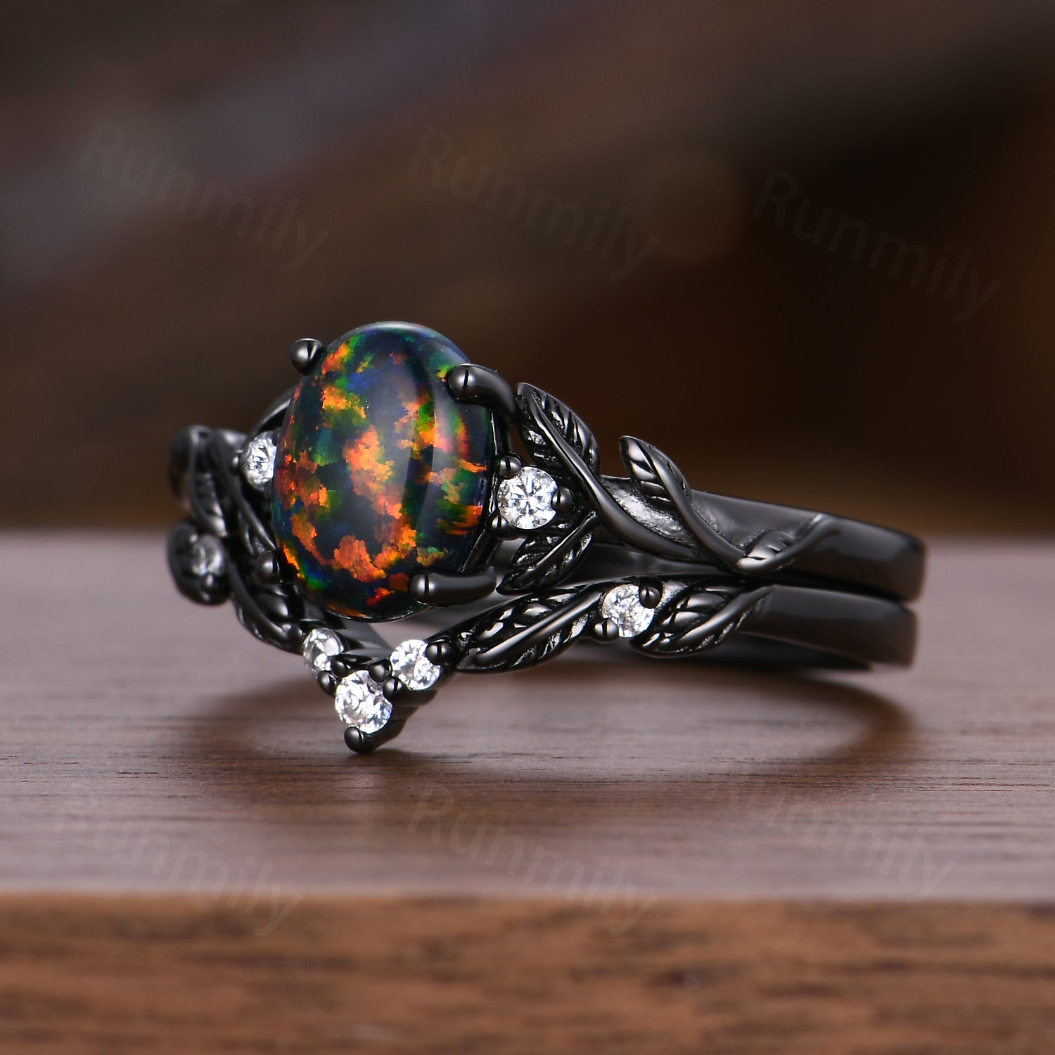Vintage Black Fire Opal Engagement Ring Set Black Gold Twig Leaf Moissanite Band Nature Branch Ring Unique Art Deco Bridal Promise Ring Set