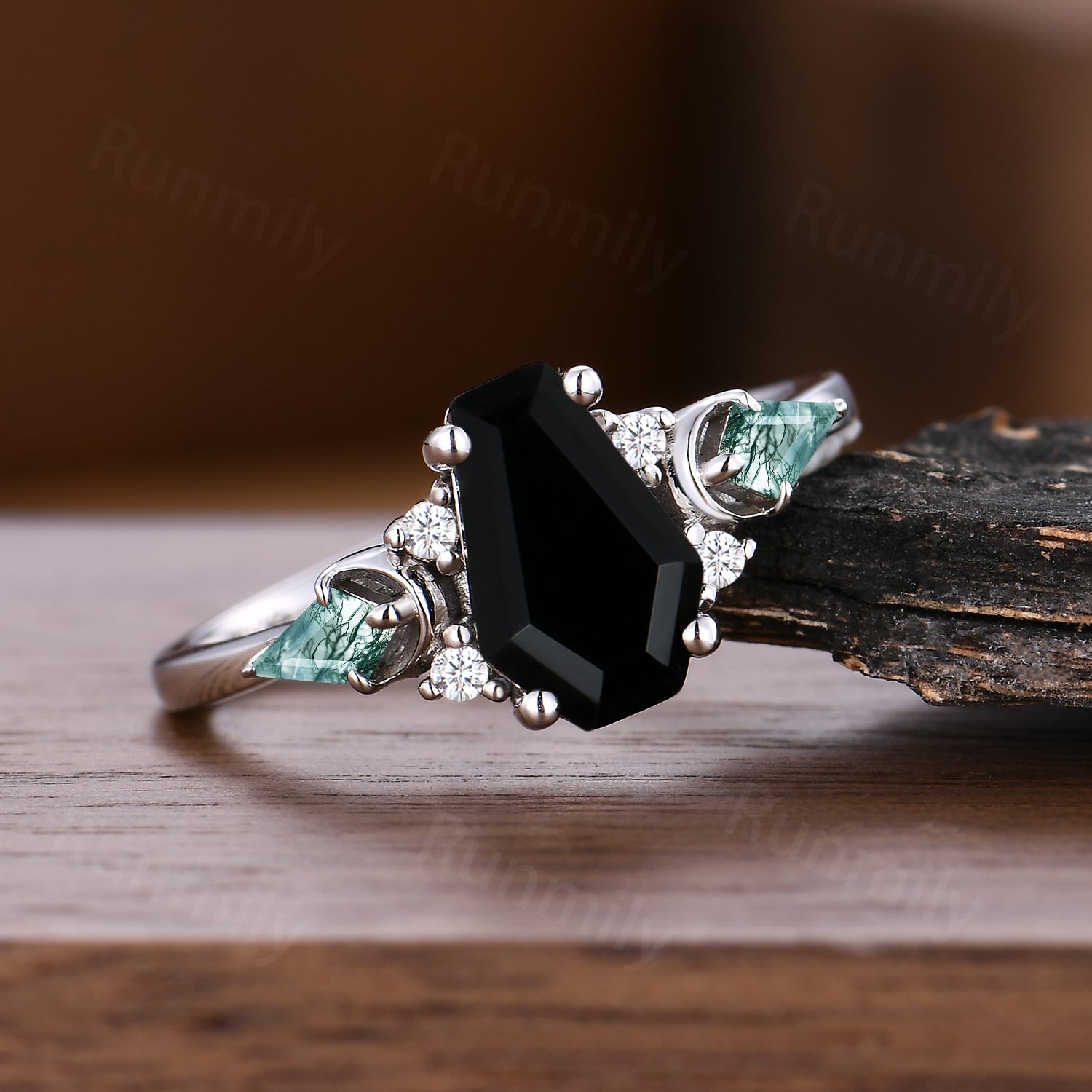 Unique Coffin Black Onyx Engagement Ring Cluster Kite Moss Agate Wedding Ring Sterling Silver Bridal Promise Ring