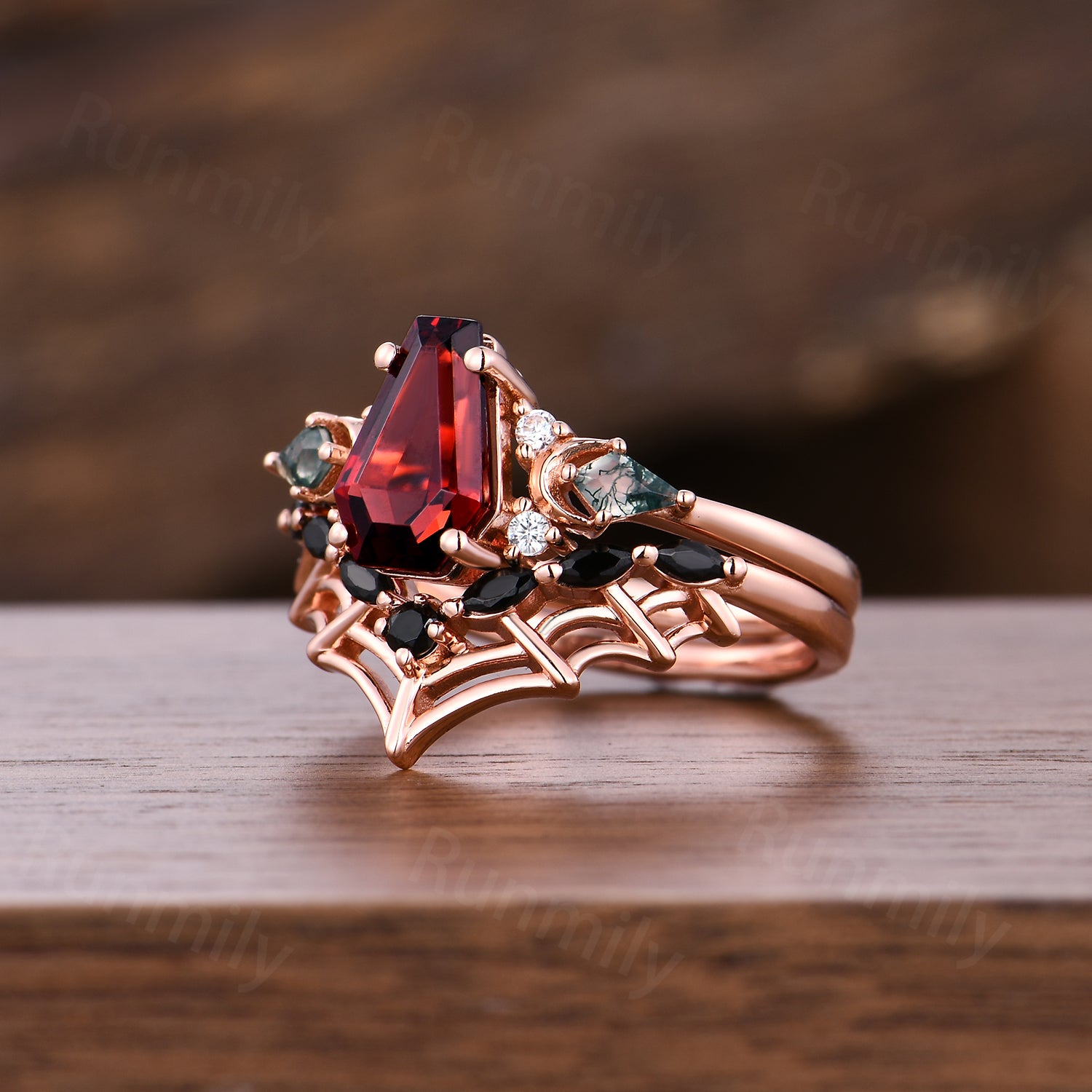 Spider Web Coffin Garnet Engagement Ring Set Gothic Black Spinel Wedding Ring Witchy Jewelry For Women Unique Promise Anniversary Ring
