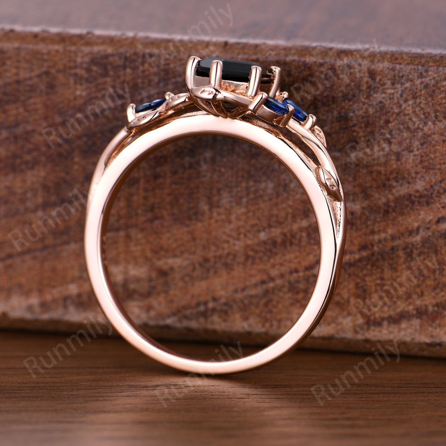 Black Onyx Sapphire Engagement Ring Hexagon Cut Branch Ring Rose Gold Wedding Band Black Stones Bridal Promise Rings