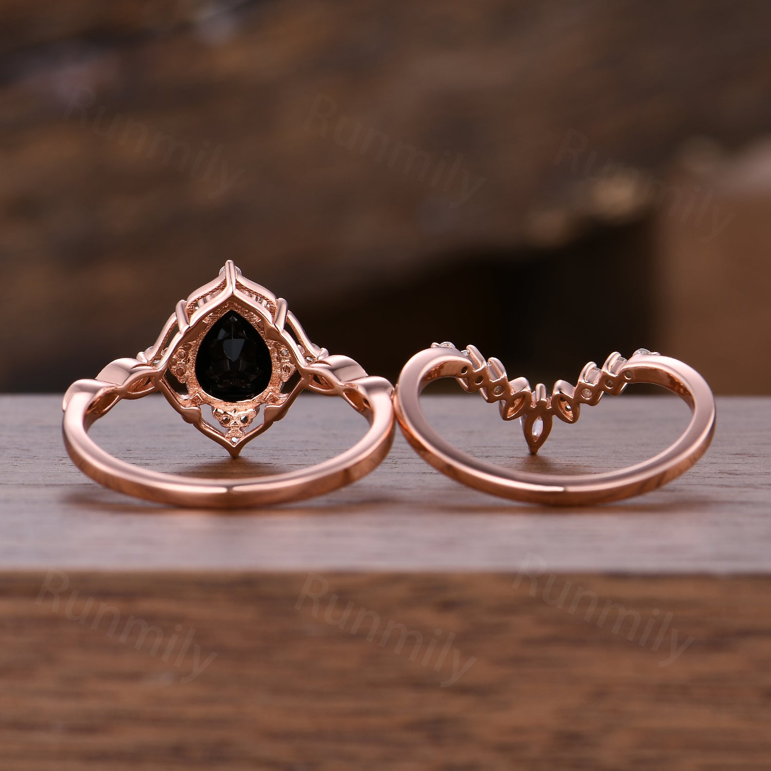 Vintage Art Deco Black Onyx Engagement Ring Set, Curved Moissanite Wedding Band