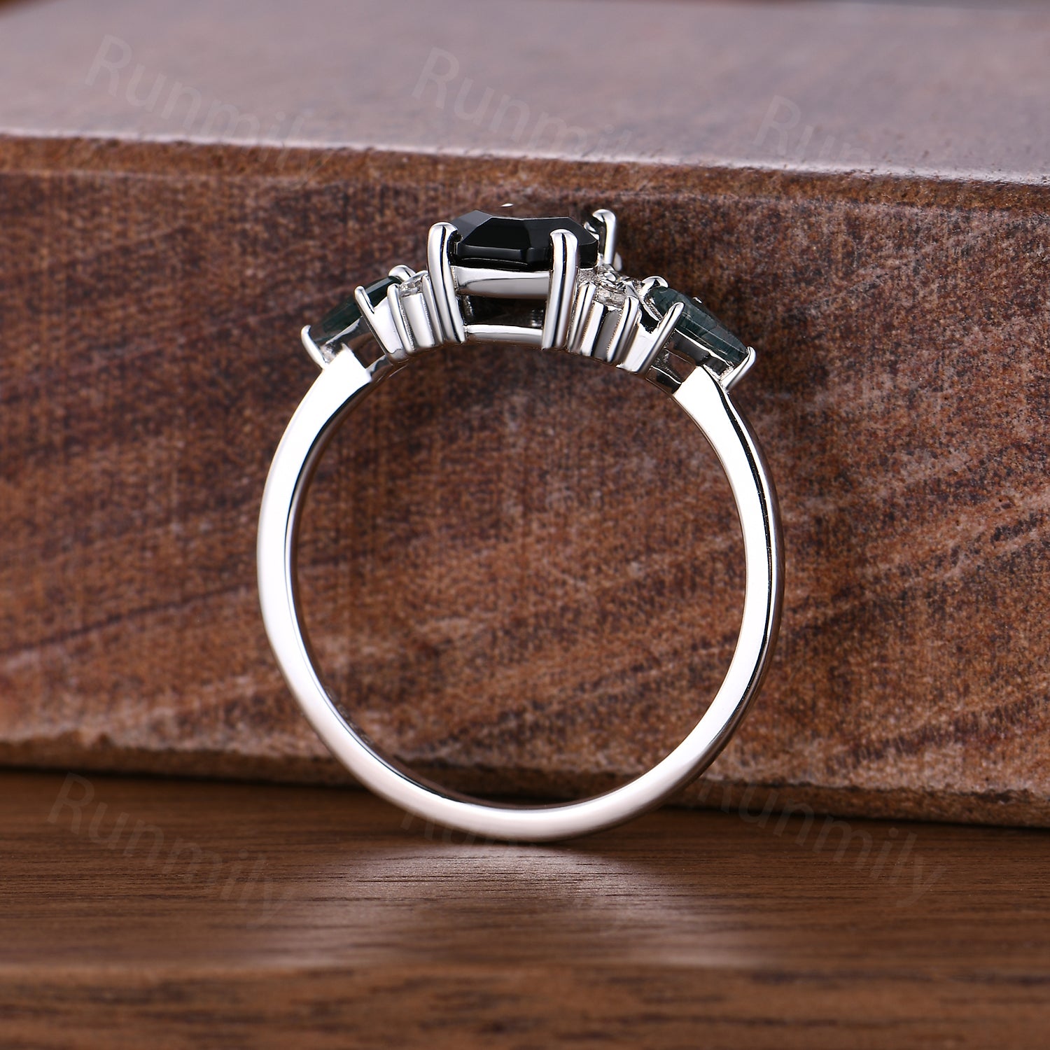 Unique Coffin Black Onyx Engagement Ring Cluster Kite Moss Agate Wedding Ring Sterling Silver Bridal Promise Ring