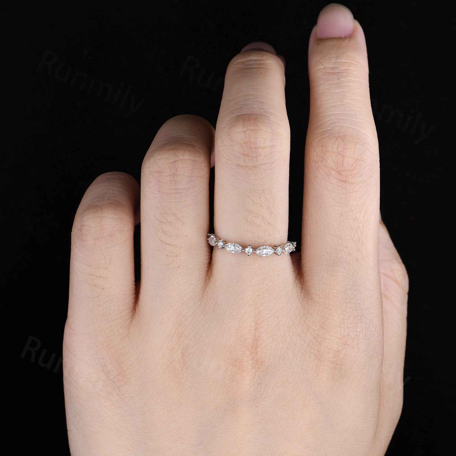 Moissanite Prong Set Wedding Band, Sterling Silver Half Eternity Band, Marquise Cut Moissanite Band, Stacking Band