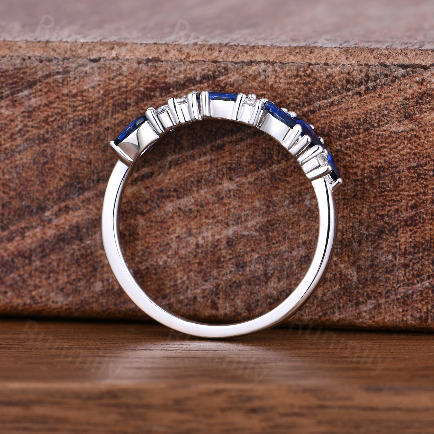 Art Deco Blue Sapphire Cluster Ring - Sterling Silver Half Eternity