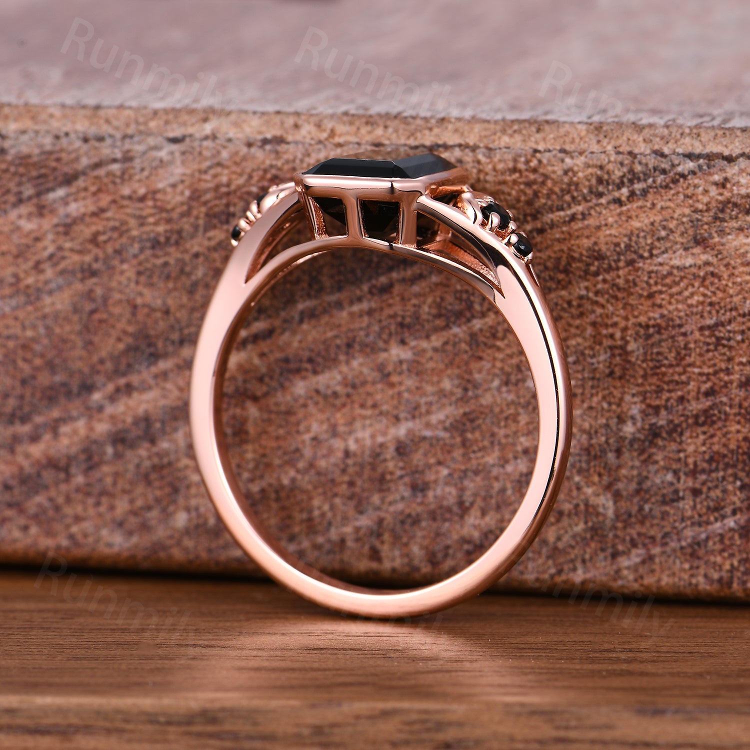 Emerald Cut Black Onyx Engagement Ring Vintage Unique Bezel Set Engagement Ring Moon Style Shank Ring Women Promise Ring Gift