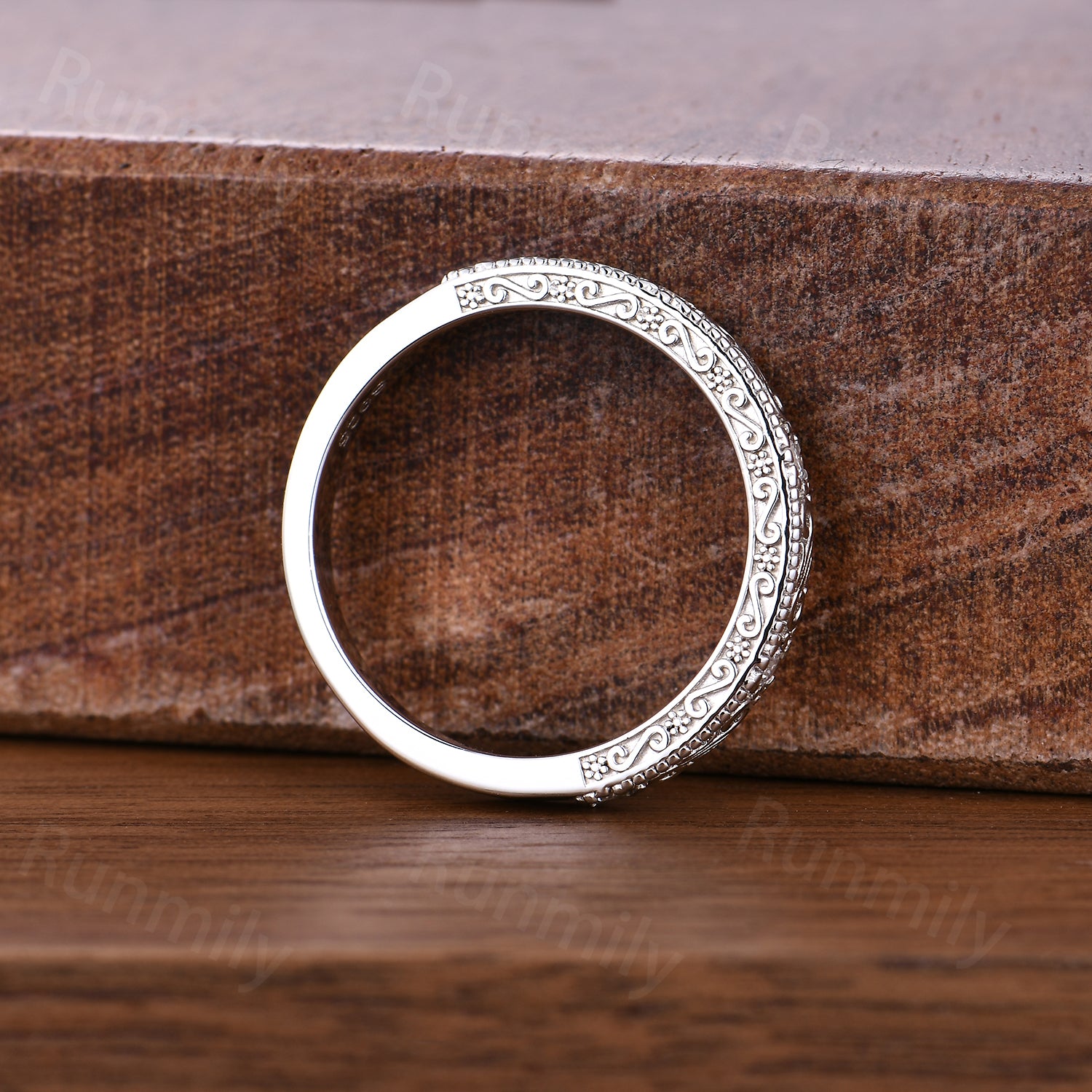 3mm Vintage Filigree Moissanite Wedding Band Unique Sterling Silver Stackable Ring Anniversary Art Deco 14K White Gold Wedding Band
