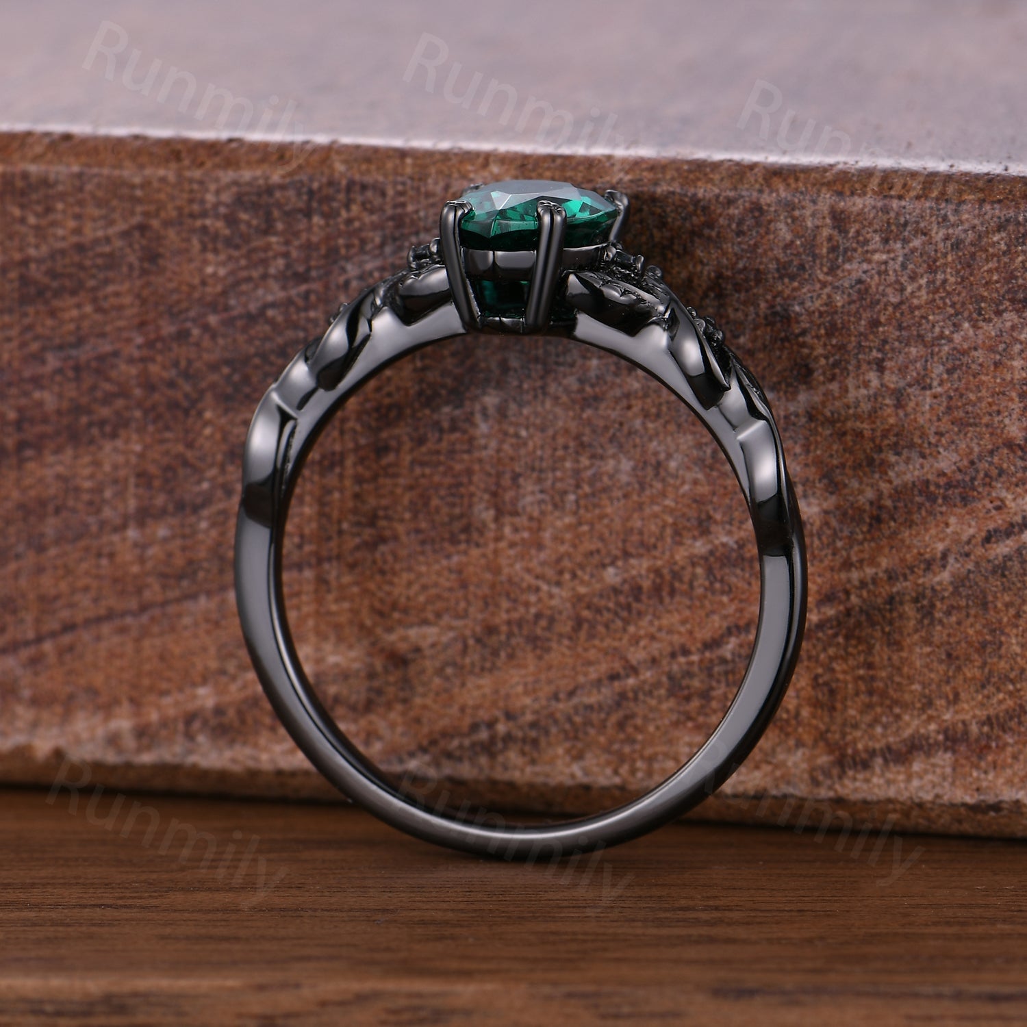 Vintage Pear Emerald Engagement Ring Branch Leaf Black Gold Promise Ring