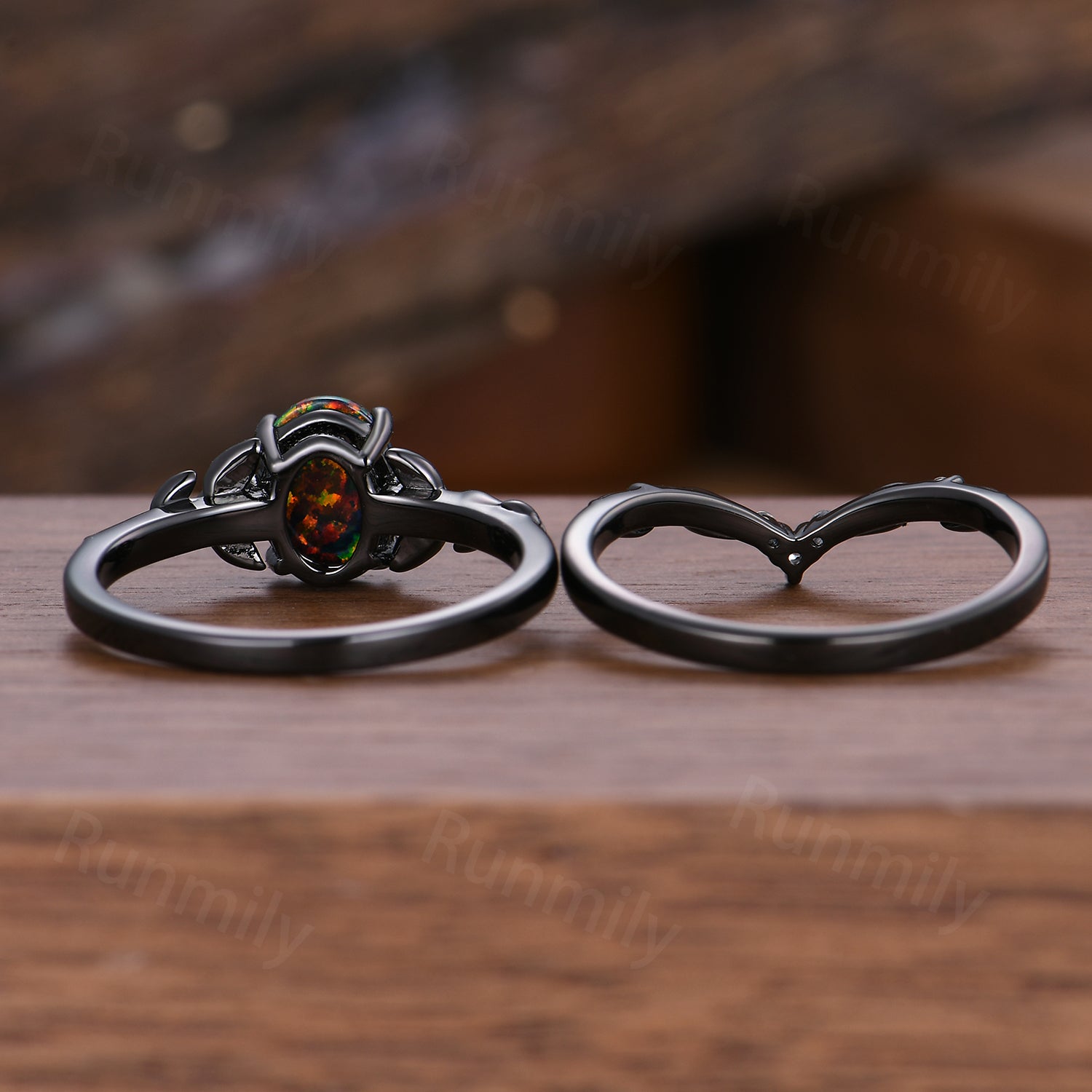 Vintage Black Fire Opal Engagement Ring Set Black Gold Twig Leaf Moissanite Band Nature Branch Ring Unique Art Deco Bridal Promise Ring Set